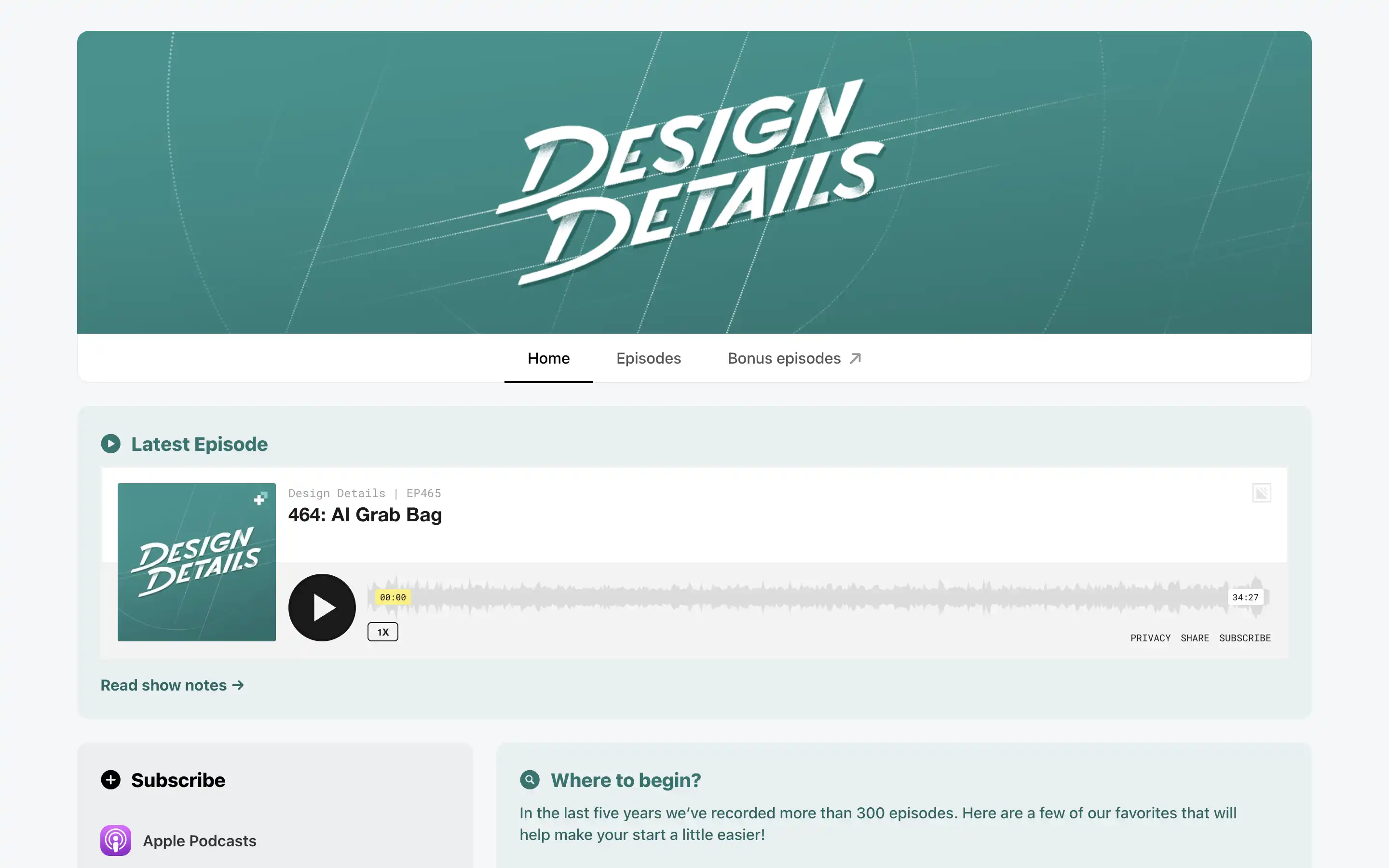 Design Details podcast homepage with latest episode displayed.
