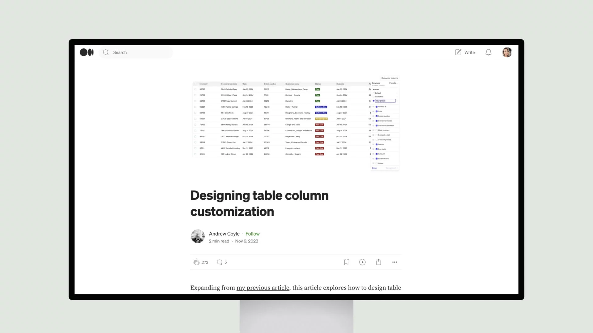 Designing table column customization