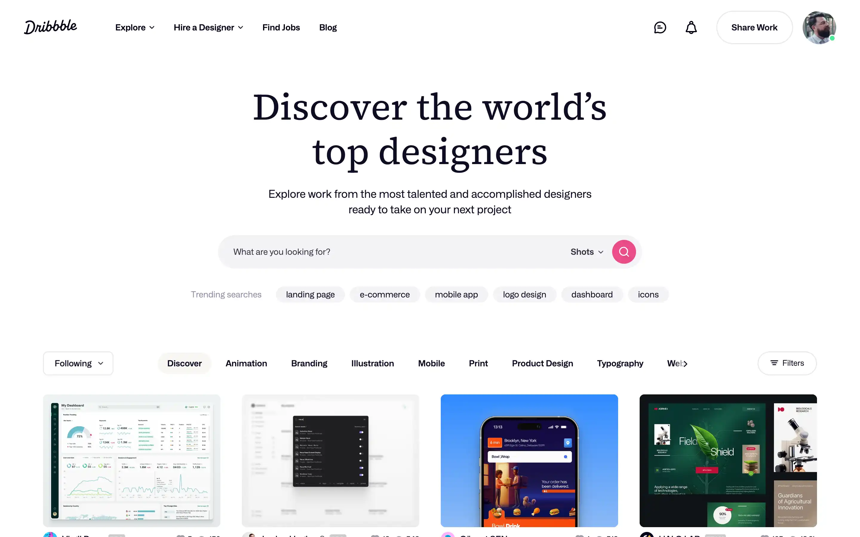 Discover talented designers on Dribbble homepage.