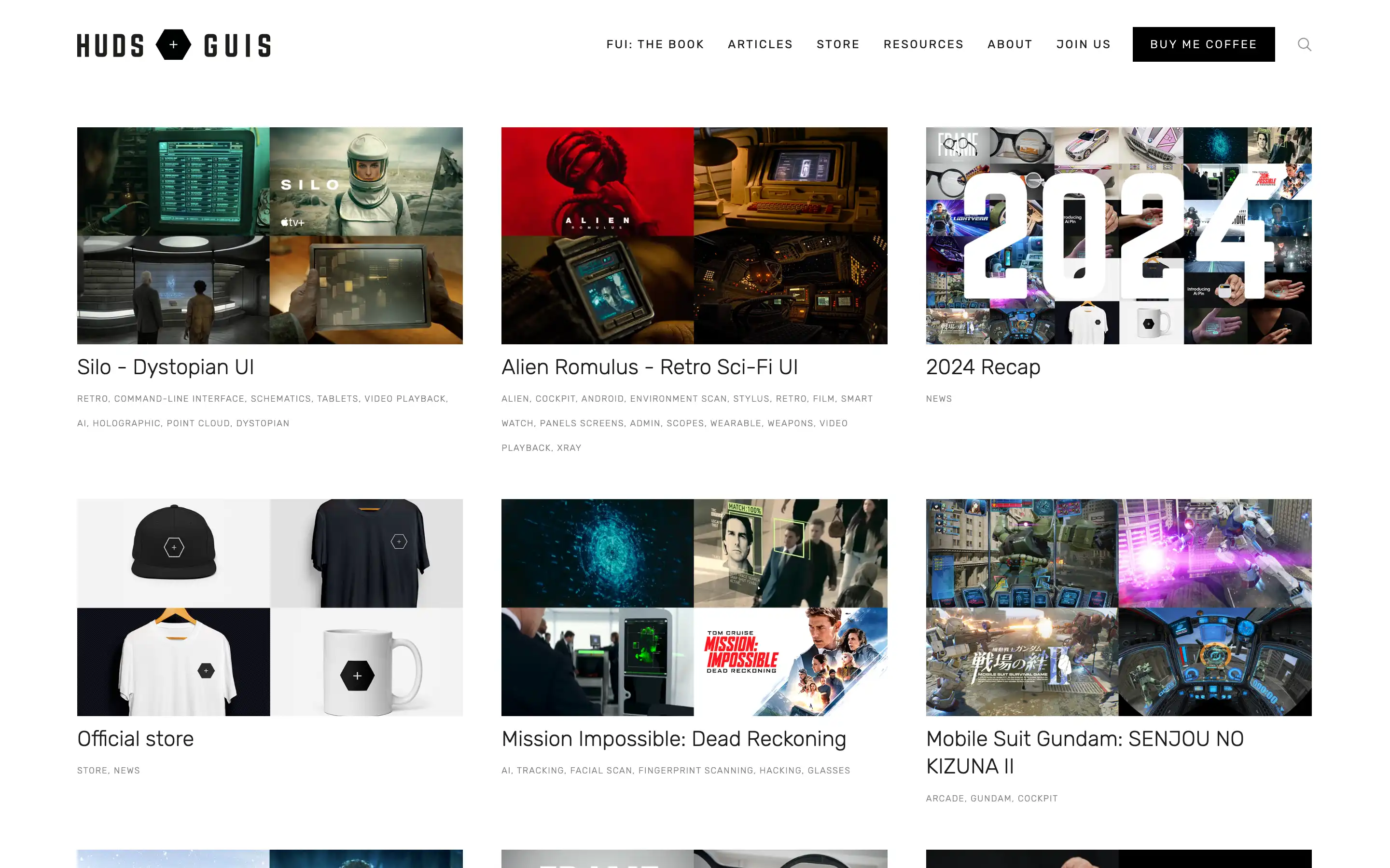 HUDS+GUIS site showcasing sci-fi and tech UI designs.