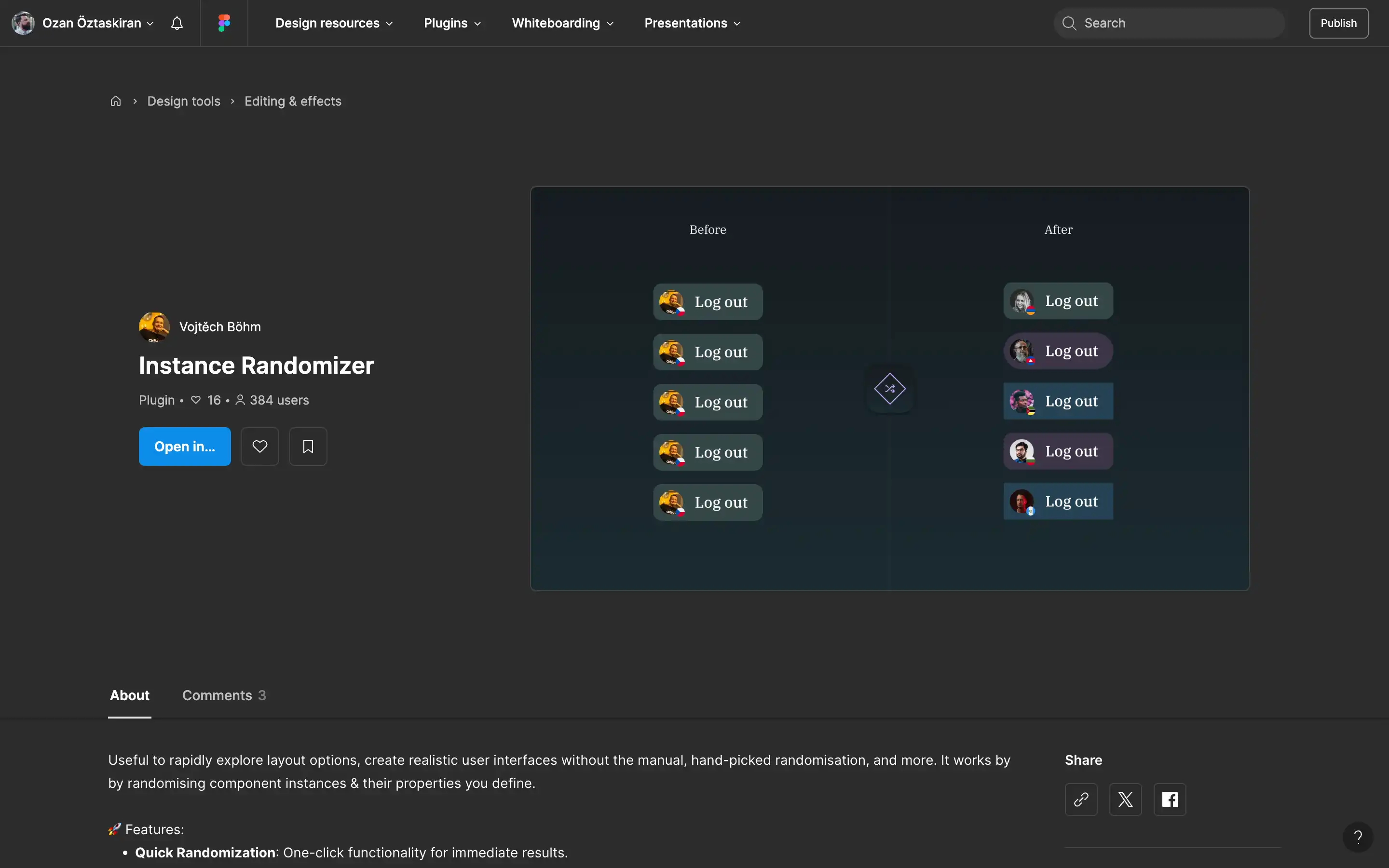 Instance Randomizer plugin interface preview on Figma page.