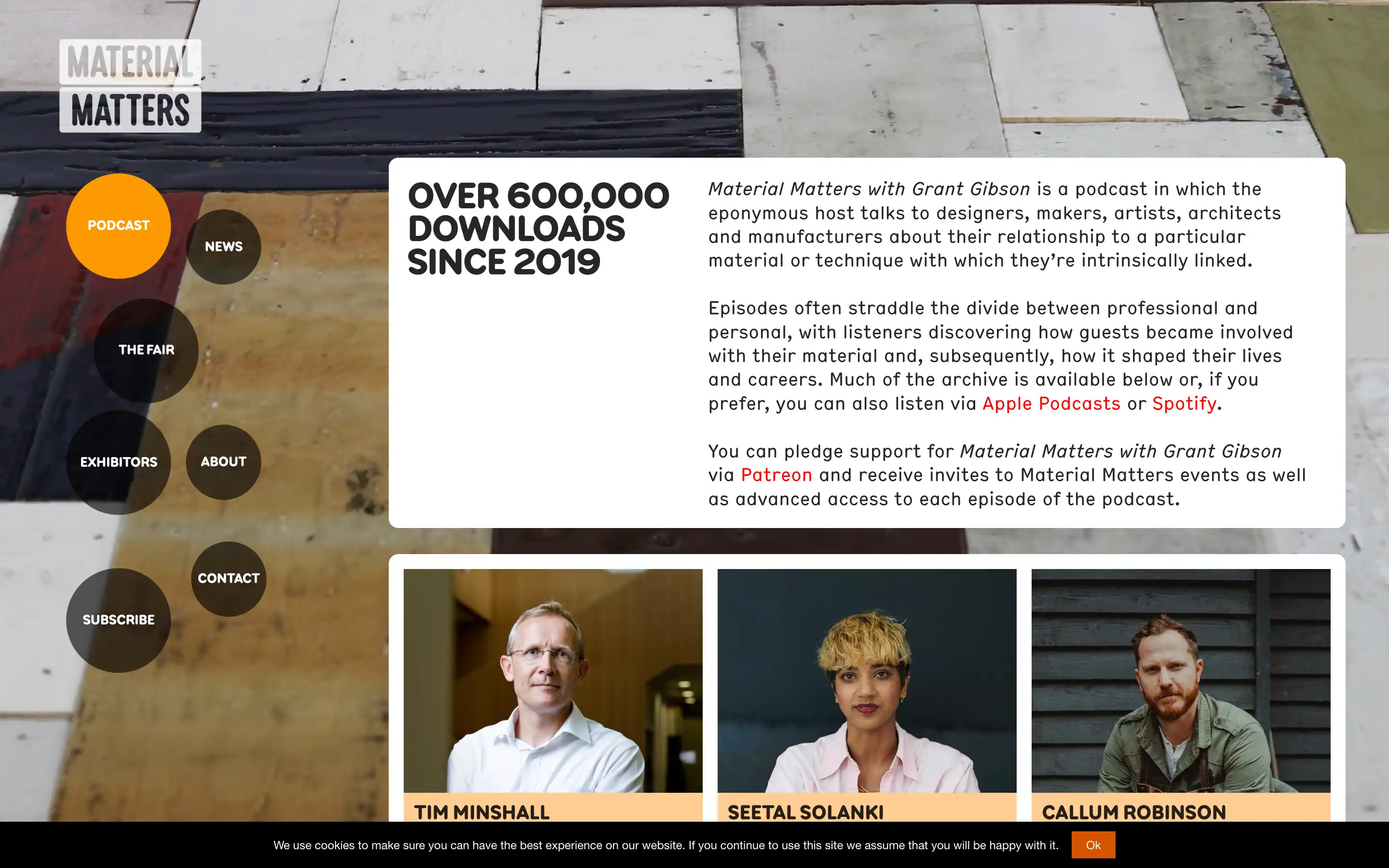 Material Matters podcast homepage overview with guest images.