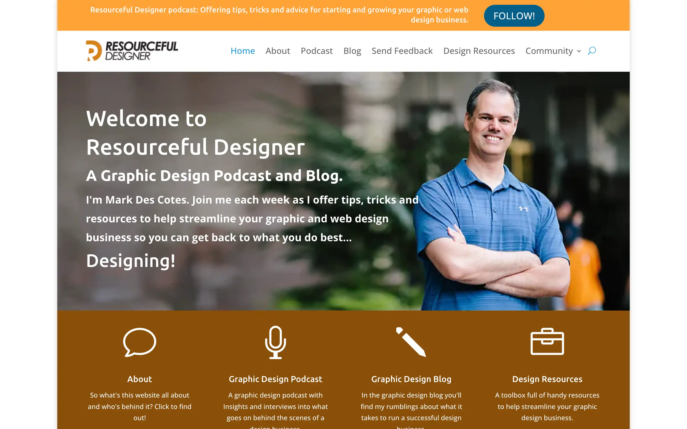 Resourceful Designer podcast homepage with host portrait.