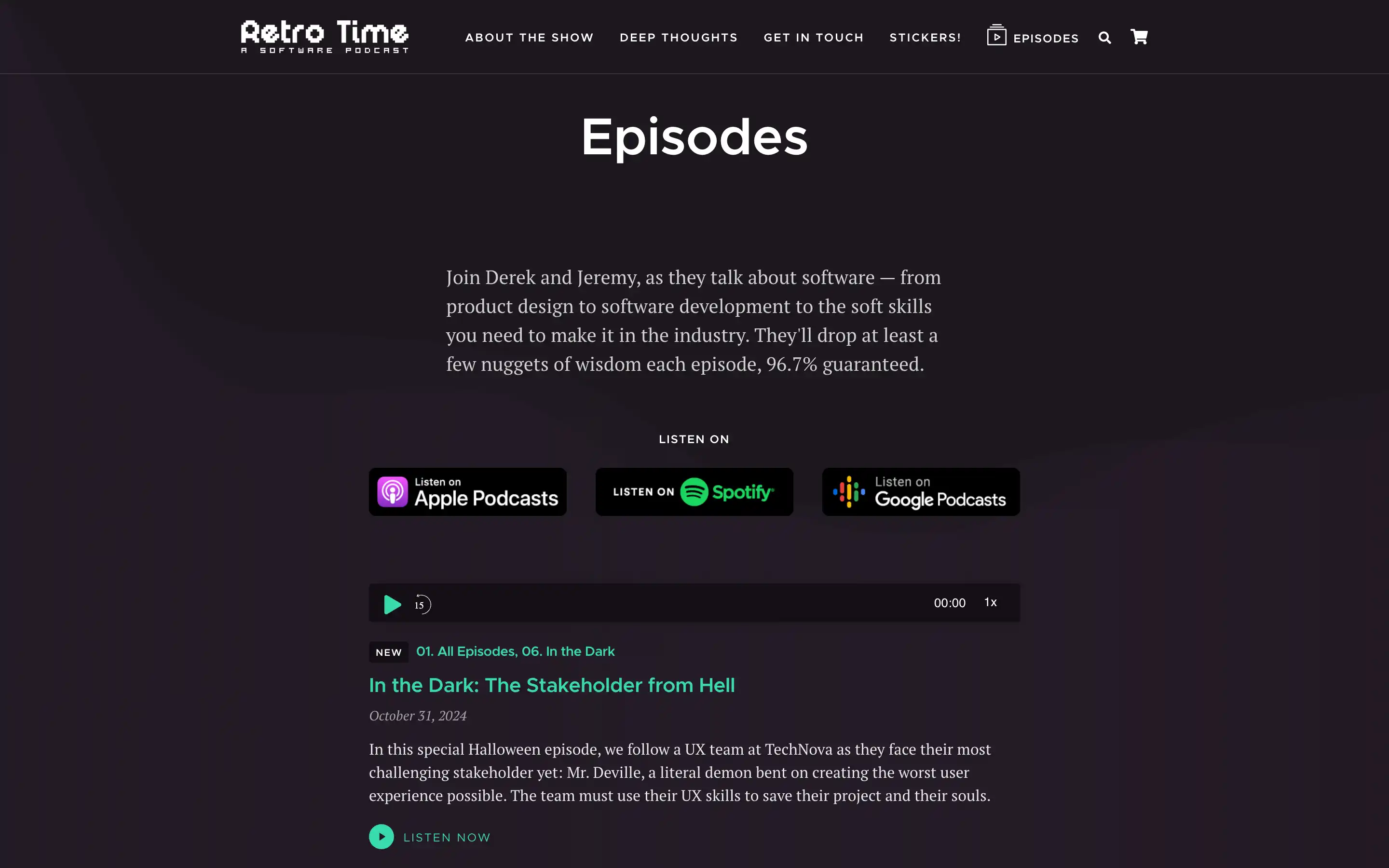 Retro Time software podcast episodes page screenshot
