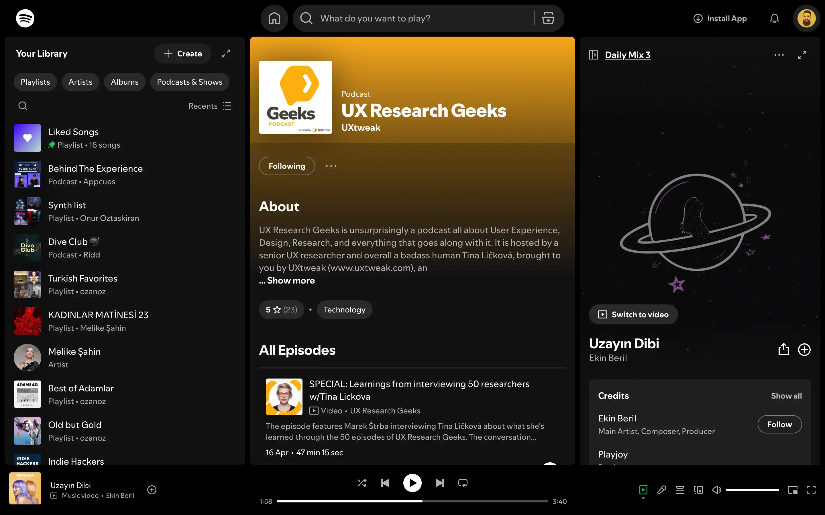 Spotify UX Research Geeks podcast episode screen.