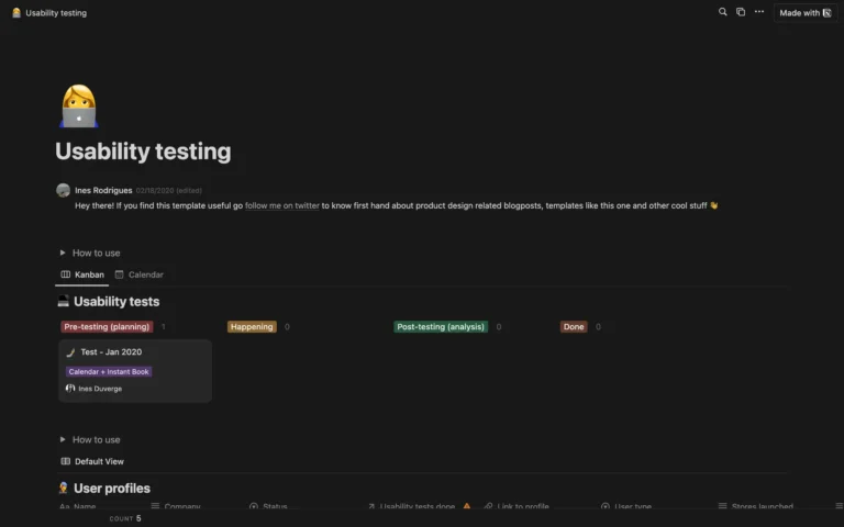 Usability testing Notion template