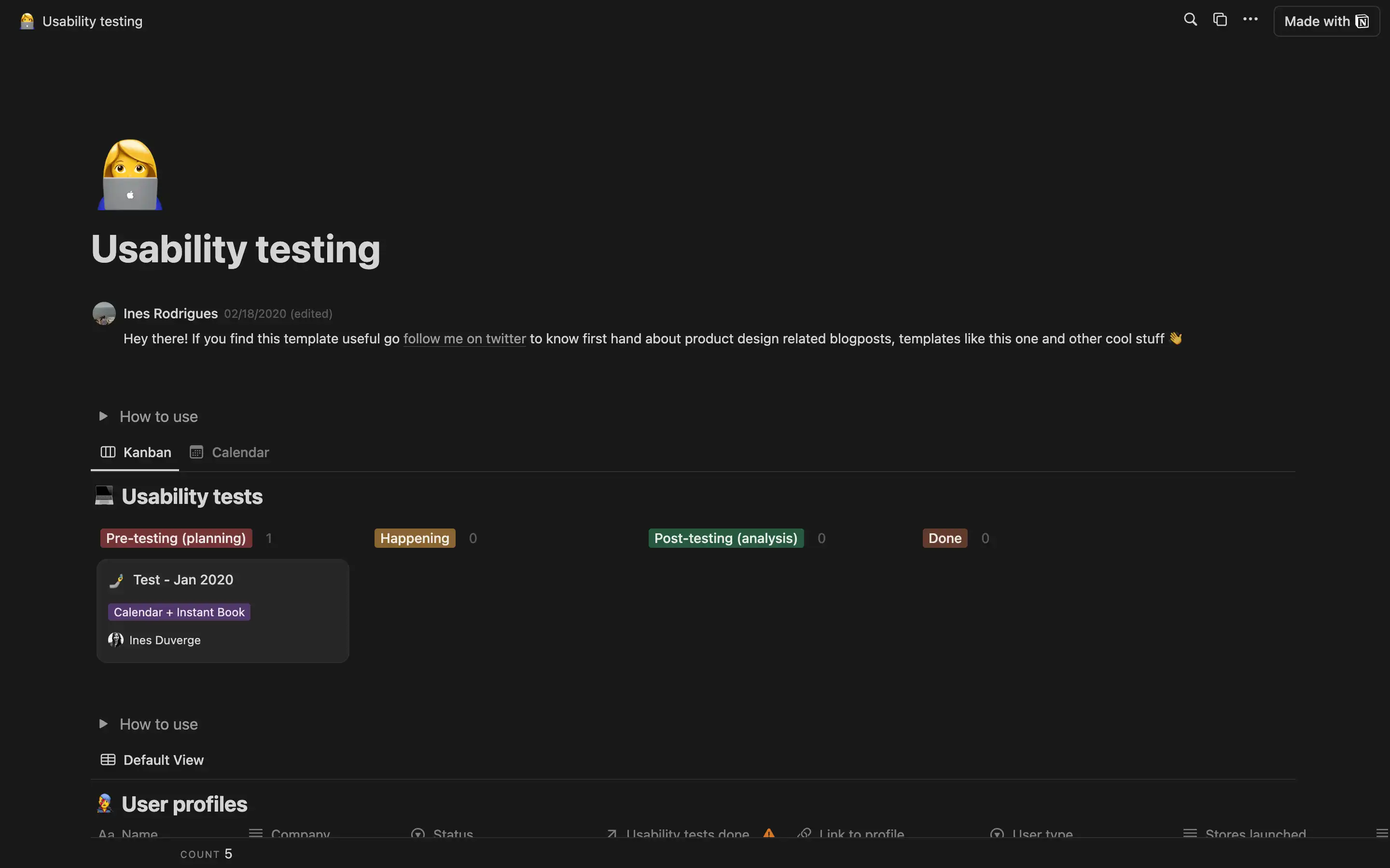 Usability testing dashboard with tasks and user profiles.