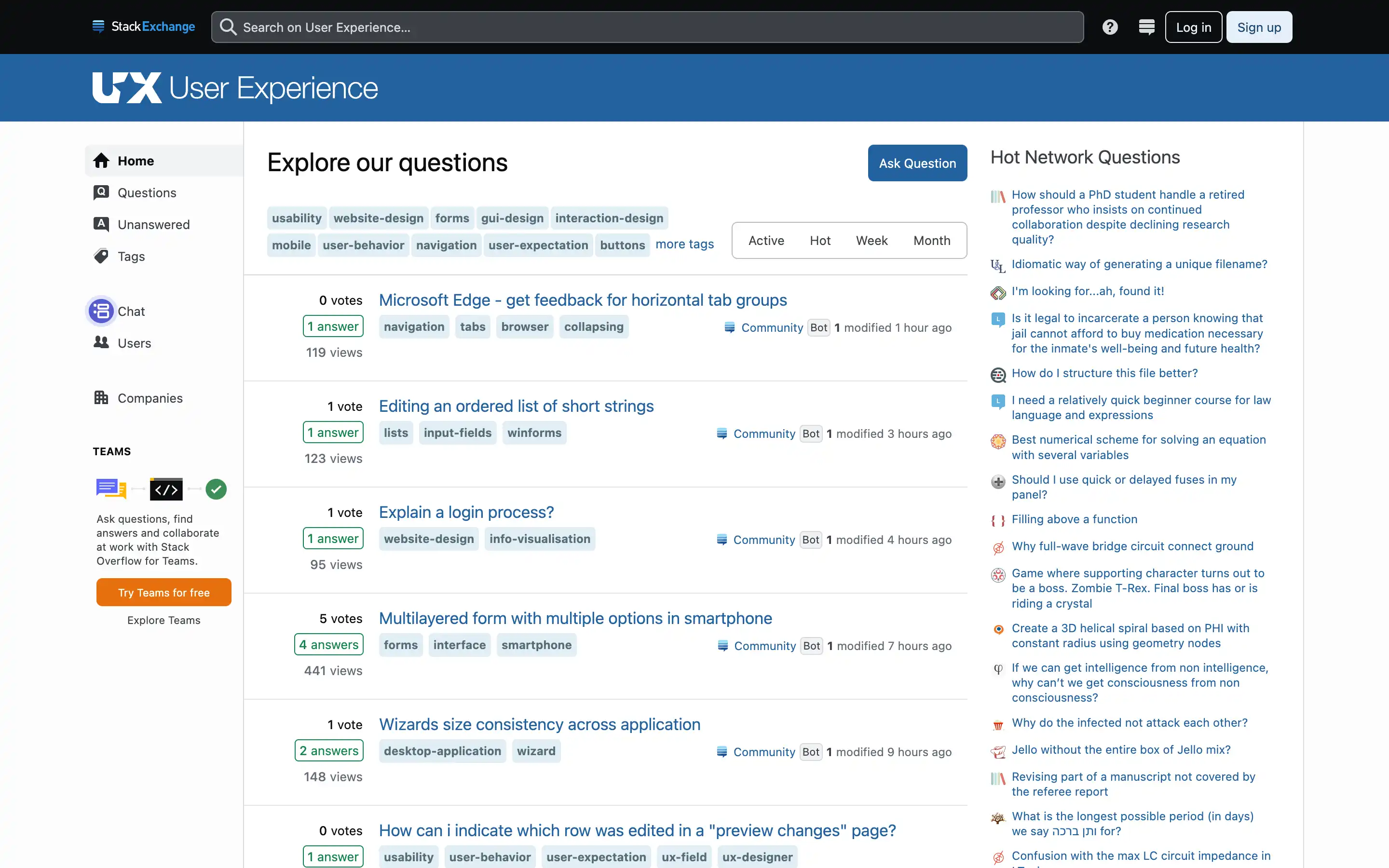 UX Stack Exchange questions and tags interface.