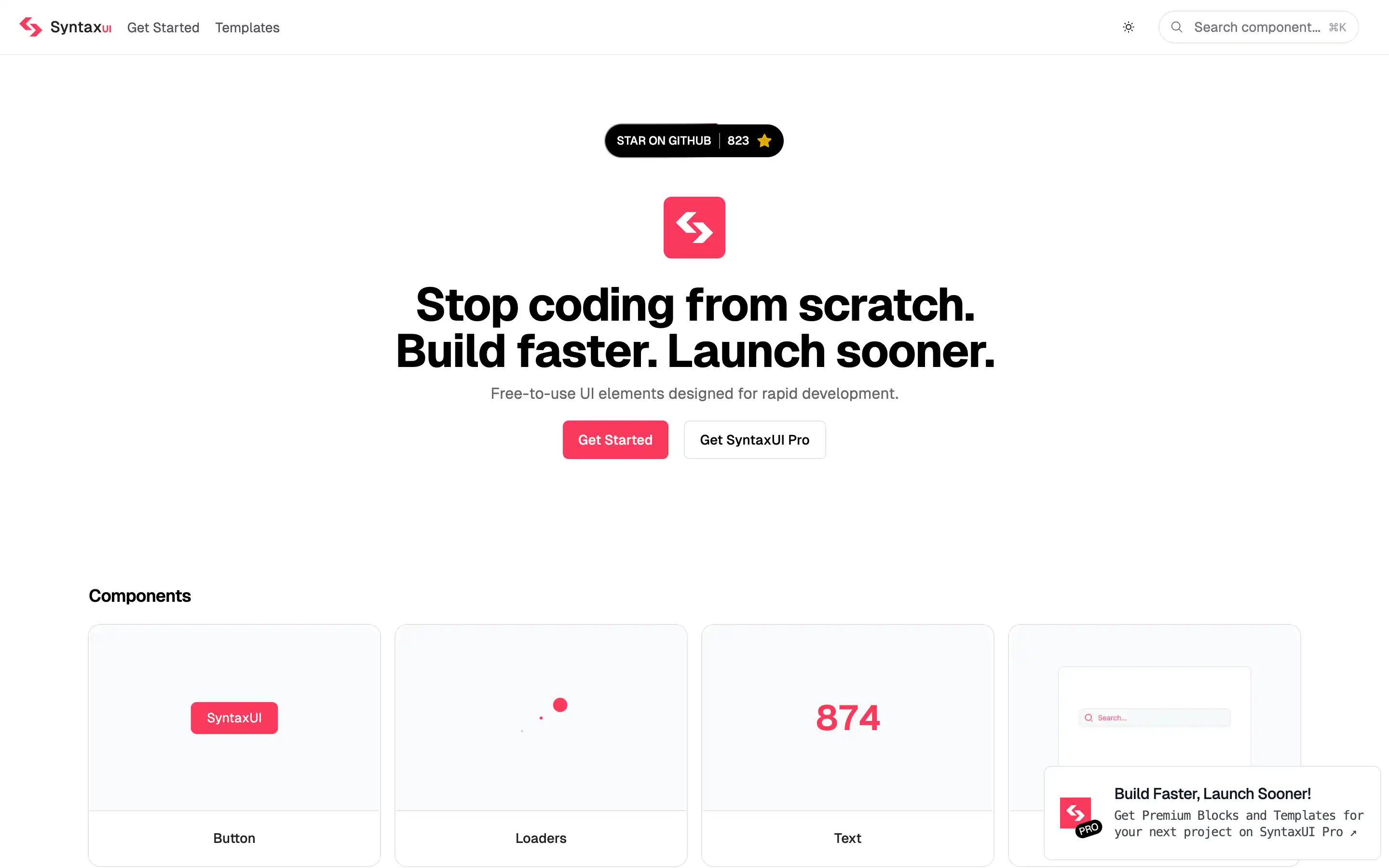 SyntaxUI homepage promoting fast UI development tools.
