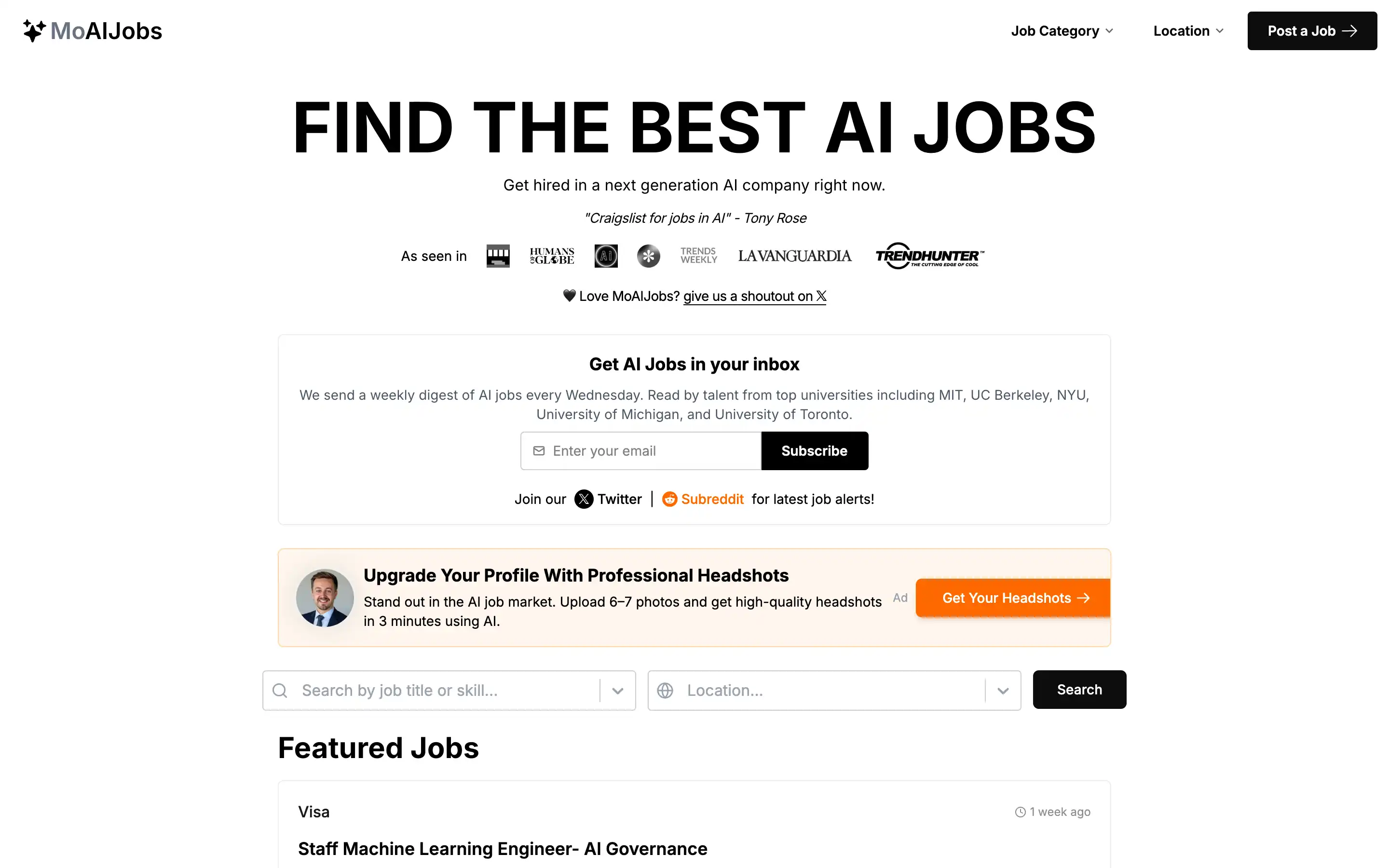 AI job search platform homepage overview.