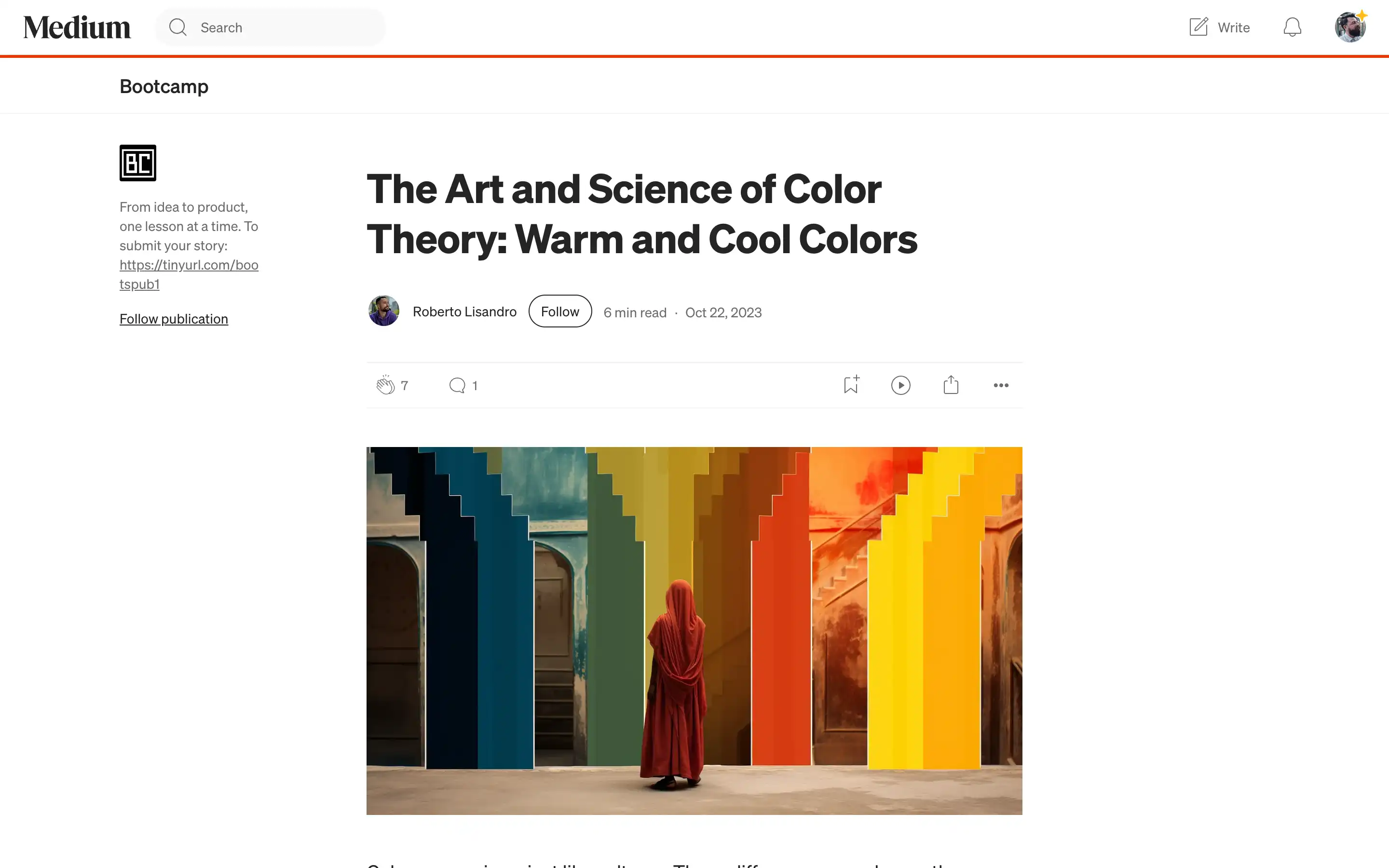 Person in red robe between colorful staircases.