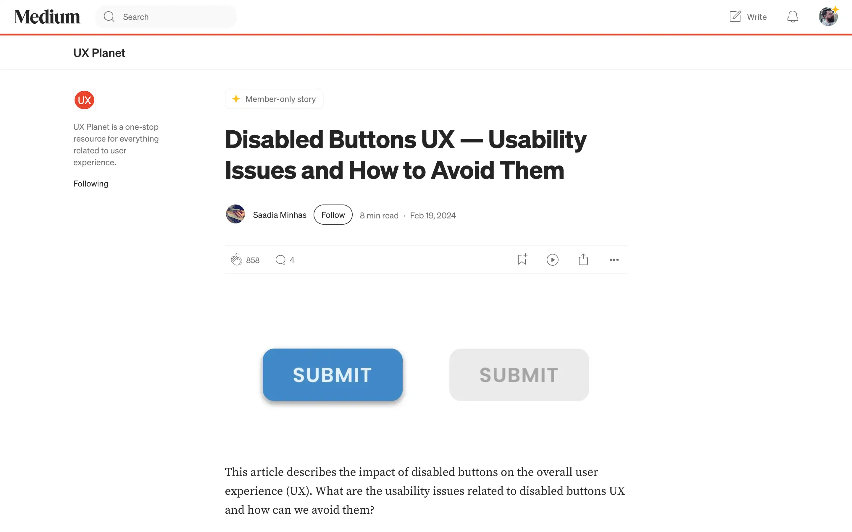 Disabled button UX article with submit buttons image.