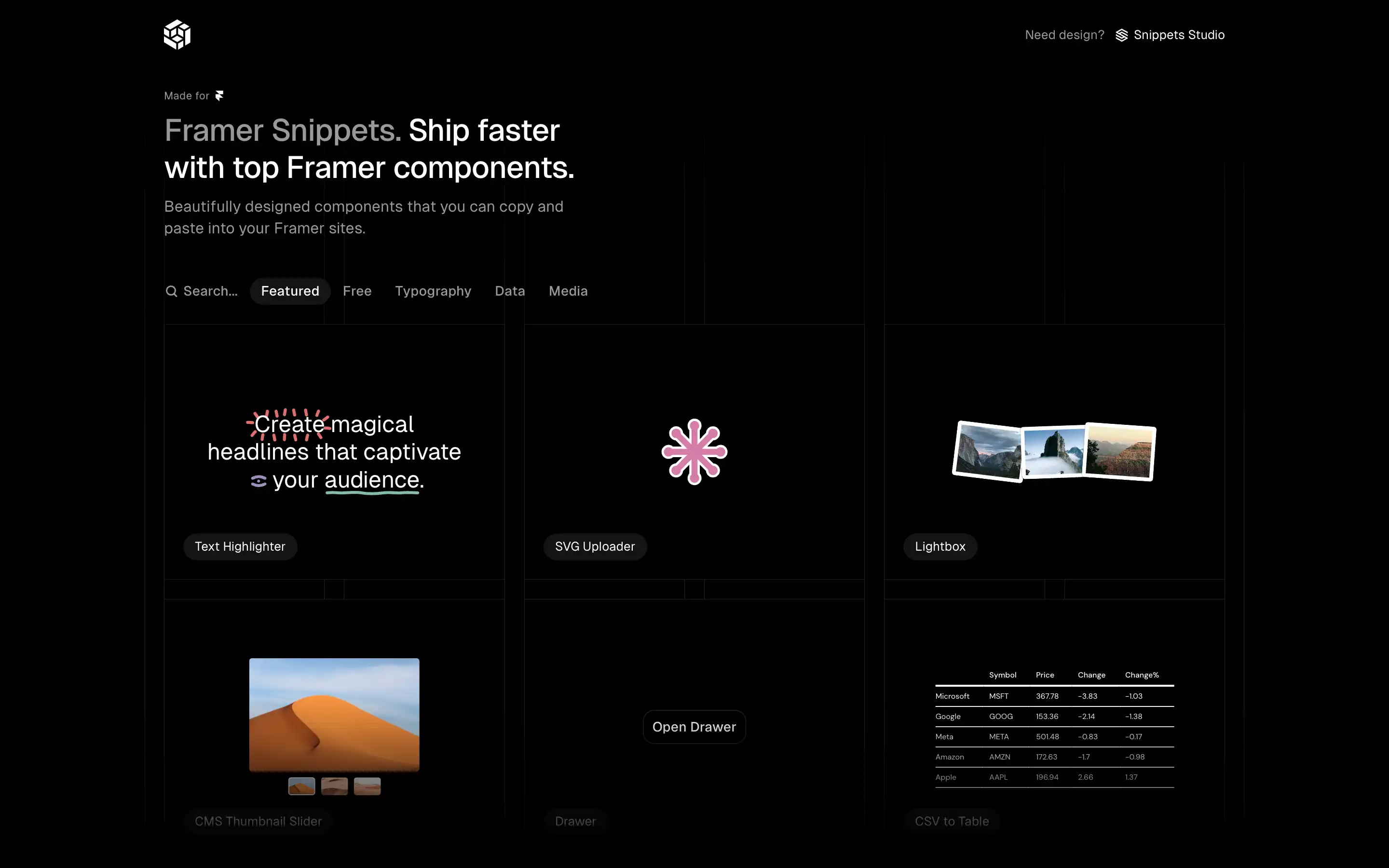 Framer Snippets components for faster web design.