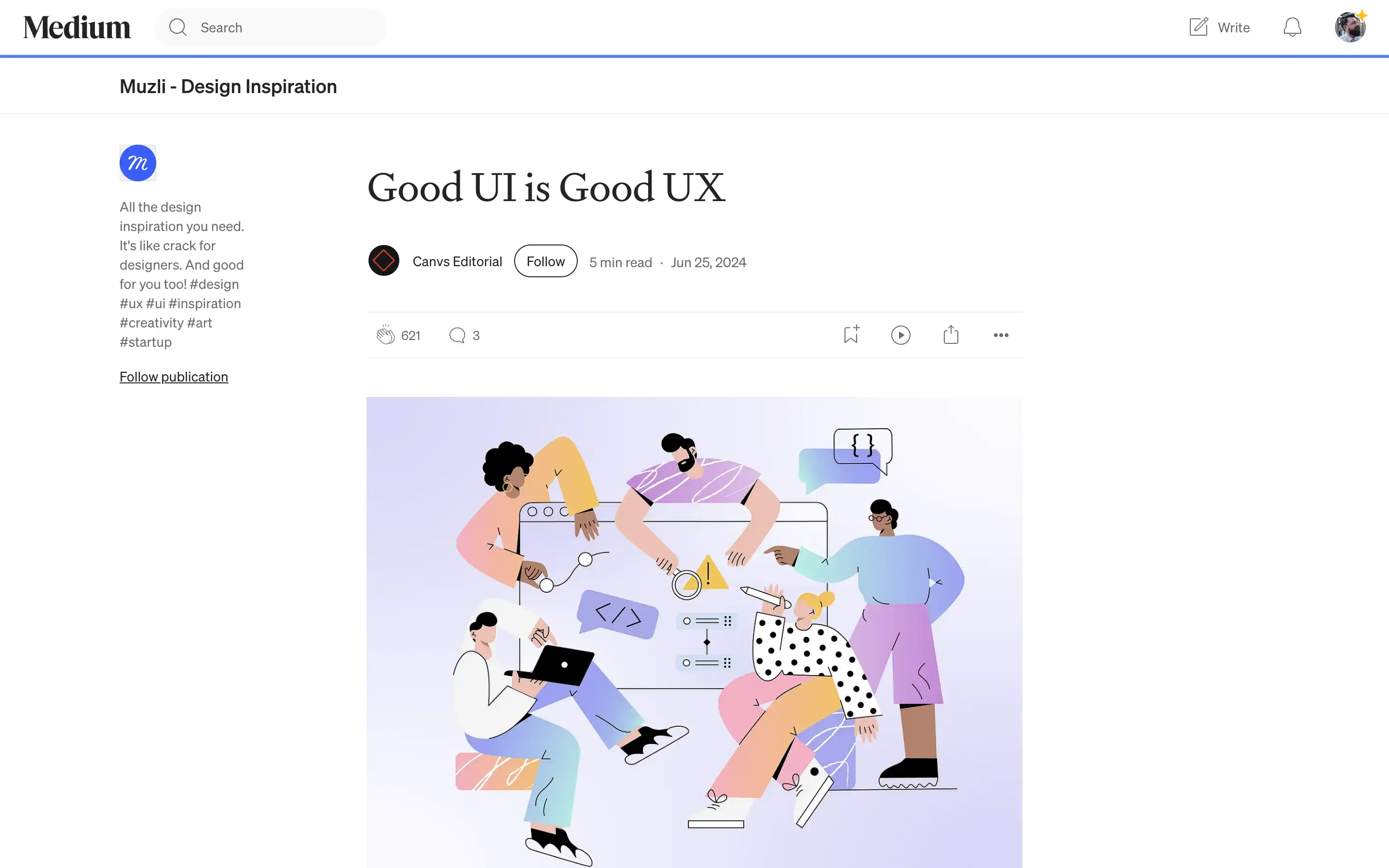 Illustration of diverse team discussing UI design elements.