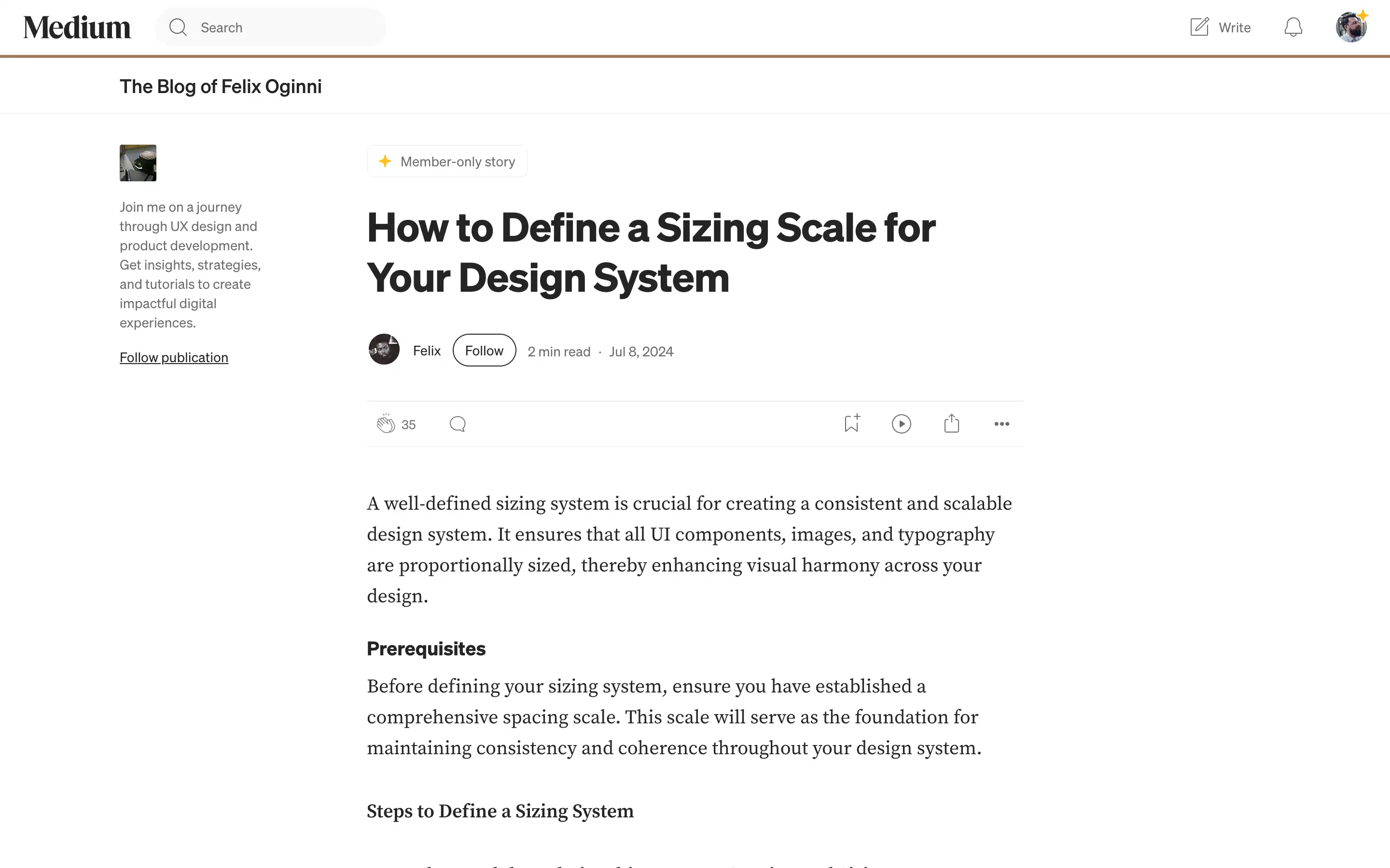 Medium article on sizing scales in design systems.