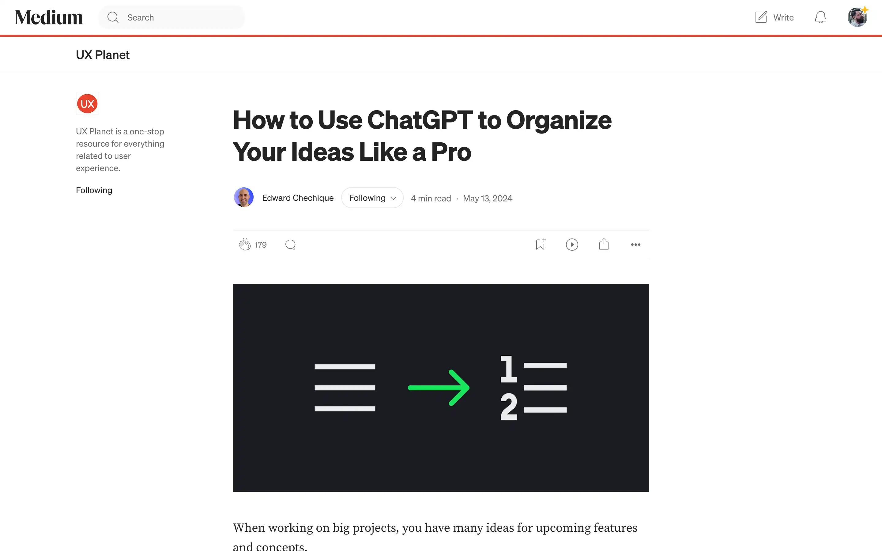 Medium article on organizing ideas with ChatGPT.