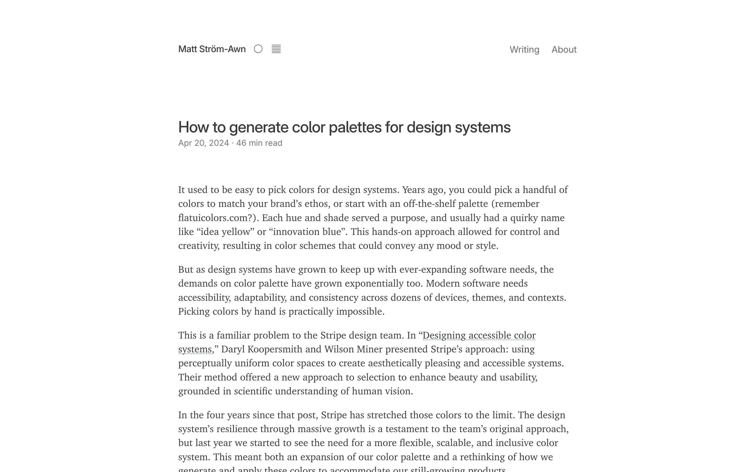 Article on creating color palettes for design systems.