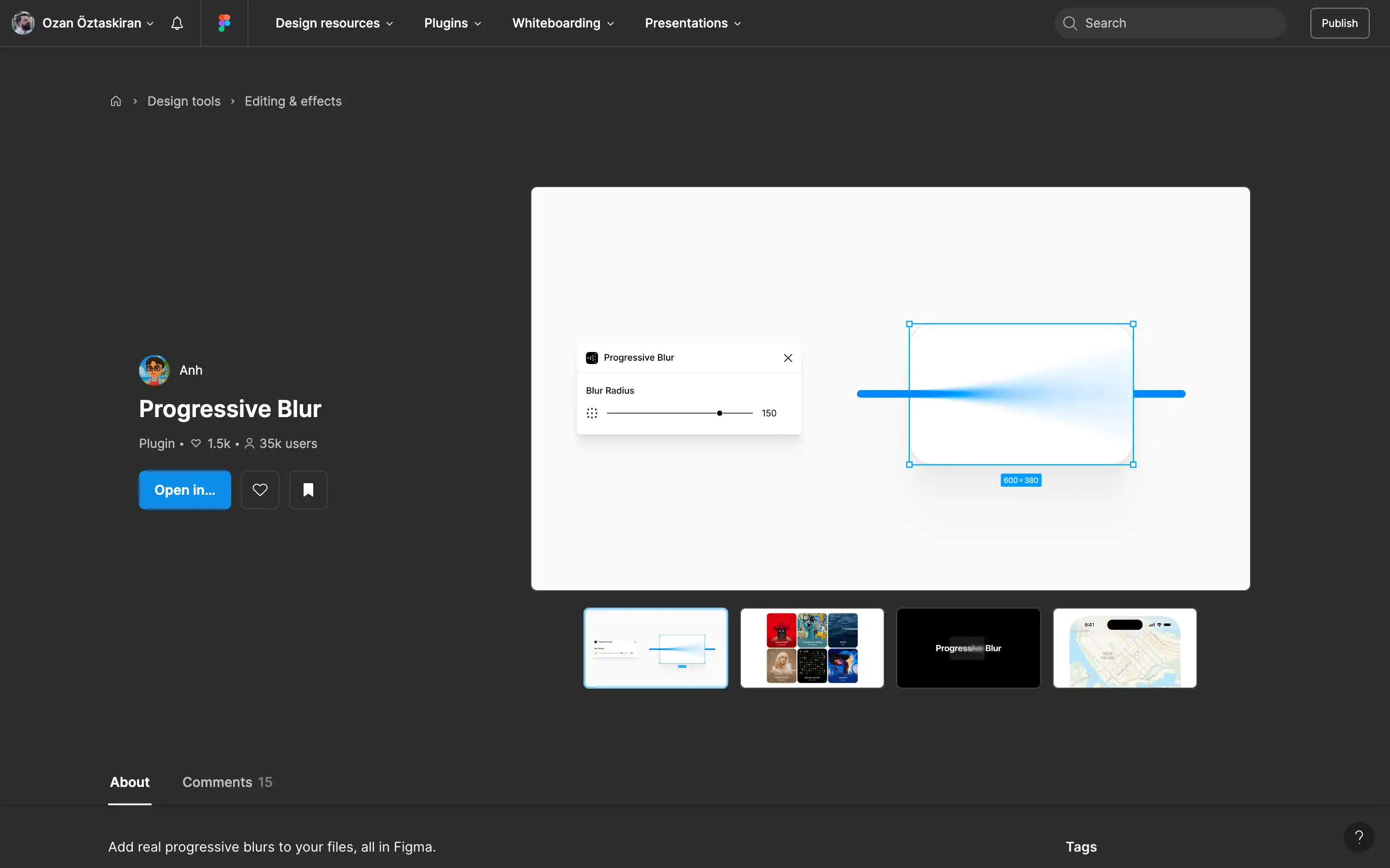 Figma plugin interface with progressive blur adjustment.