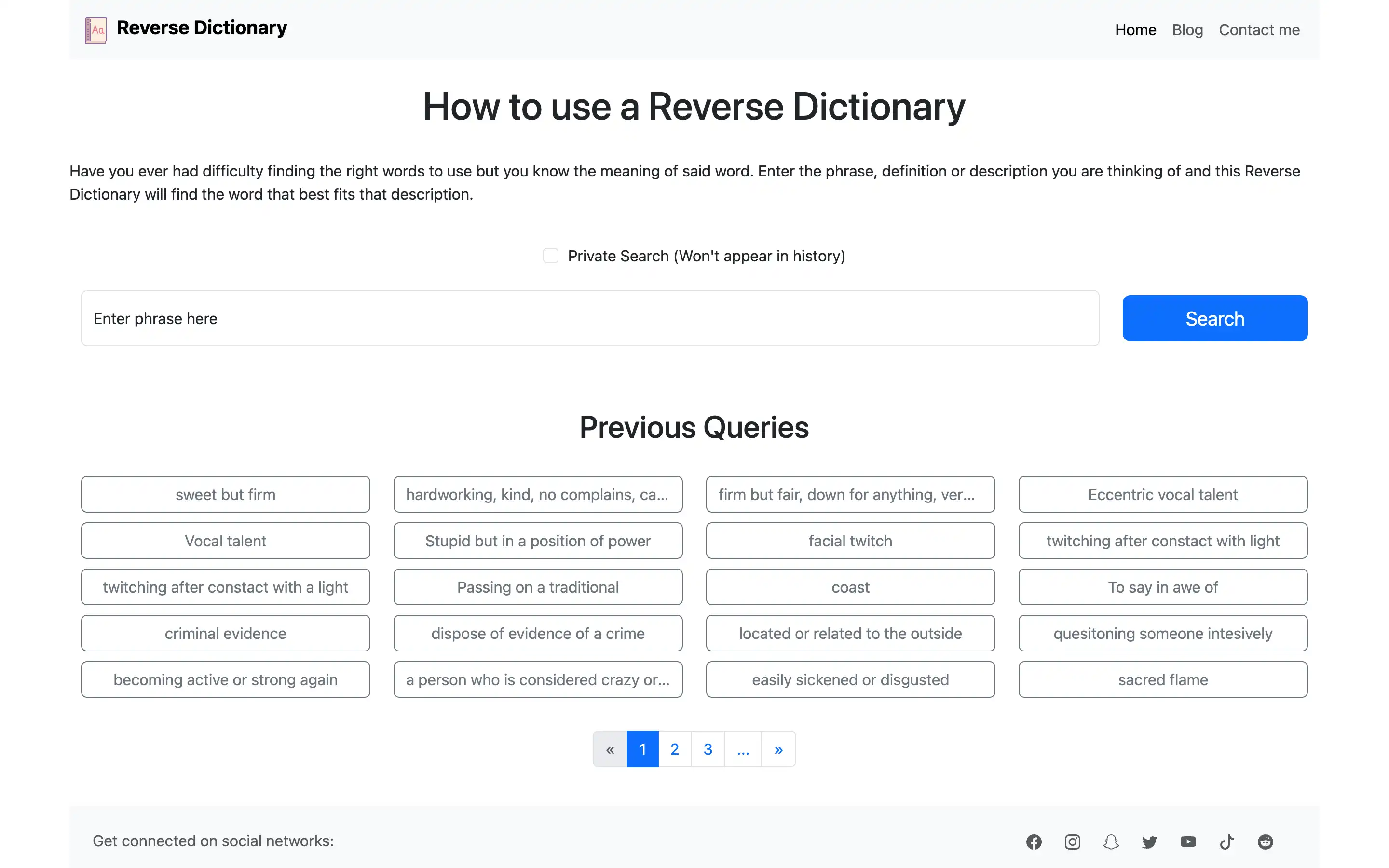 Reverse dictionary homepage with search query examples.