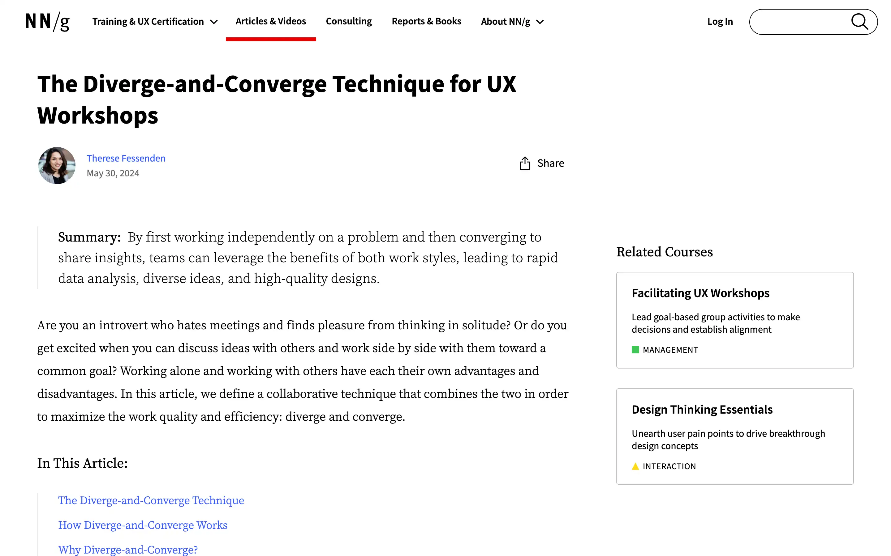 Diverge-Converge UX workshop techniques article screenshot.