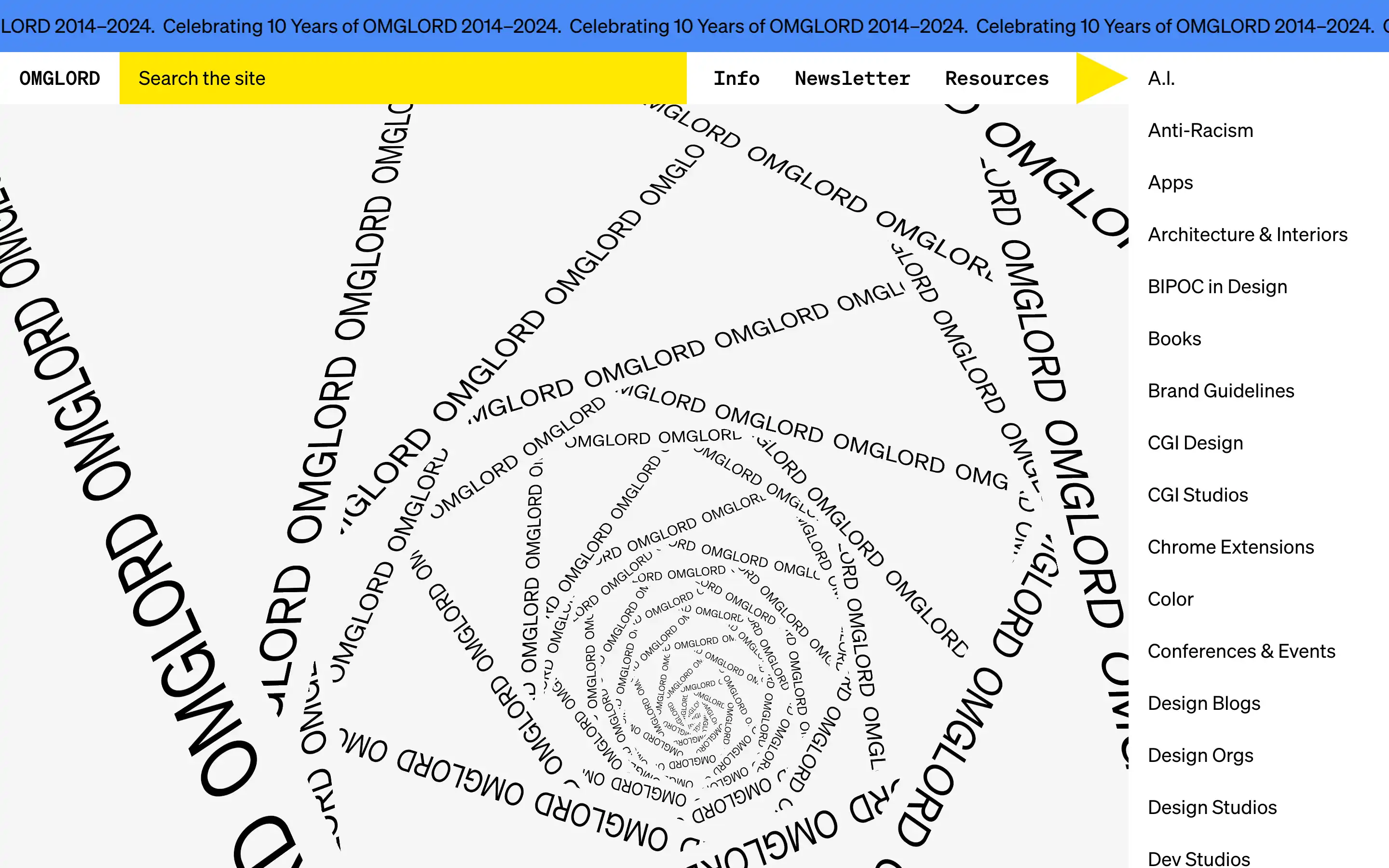 OMGLORD anniversary text spiral design on website.