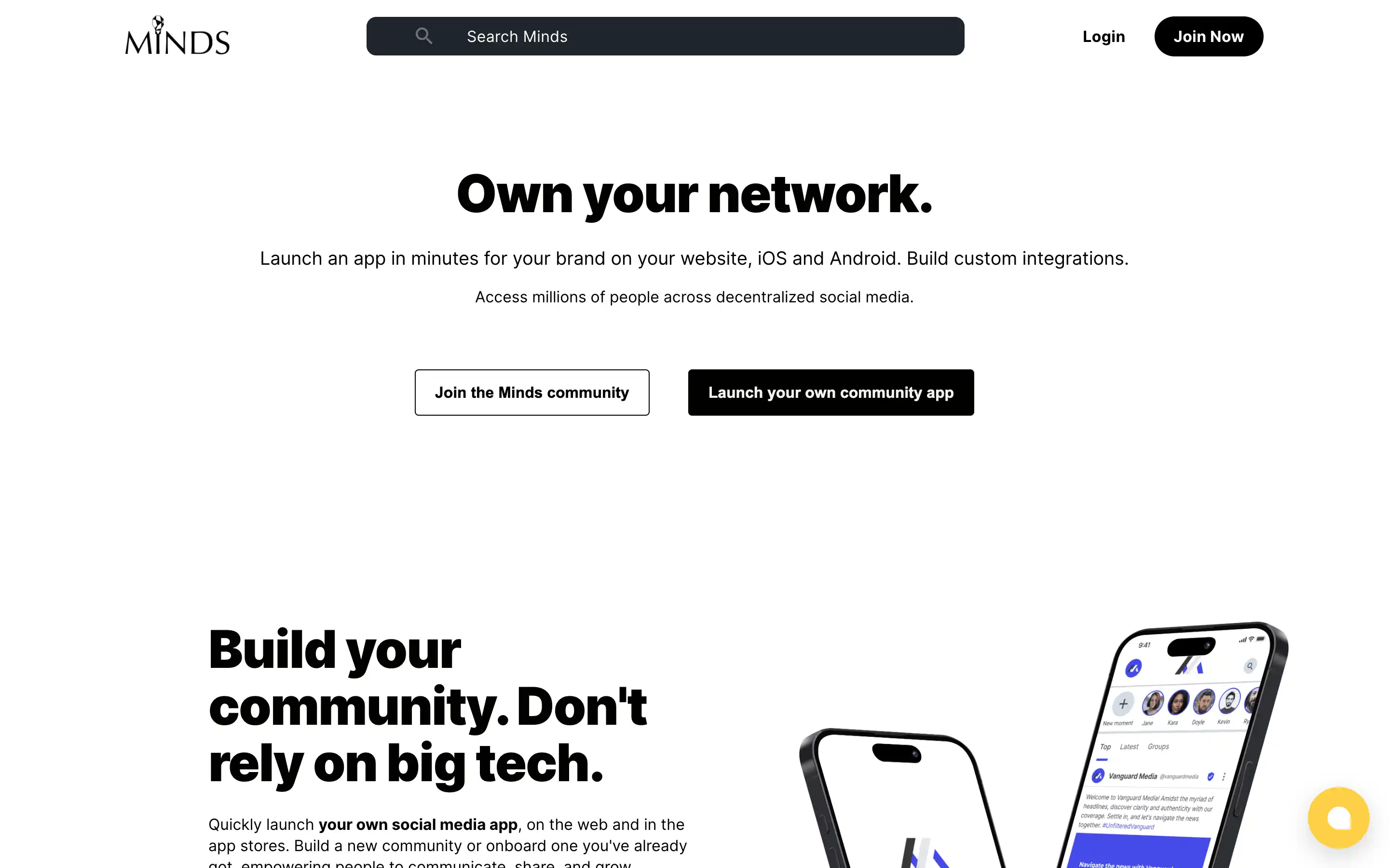 Minds homepage promoting decentralized social media community apps.