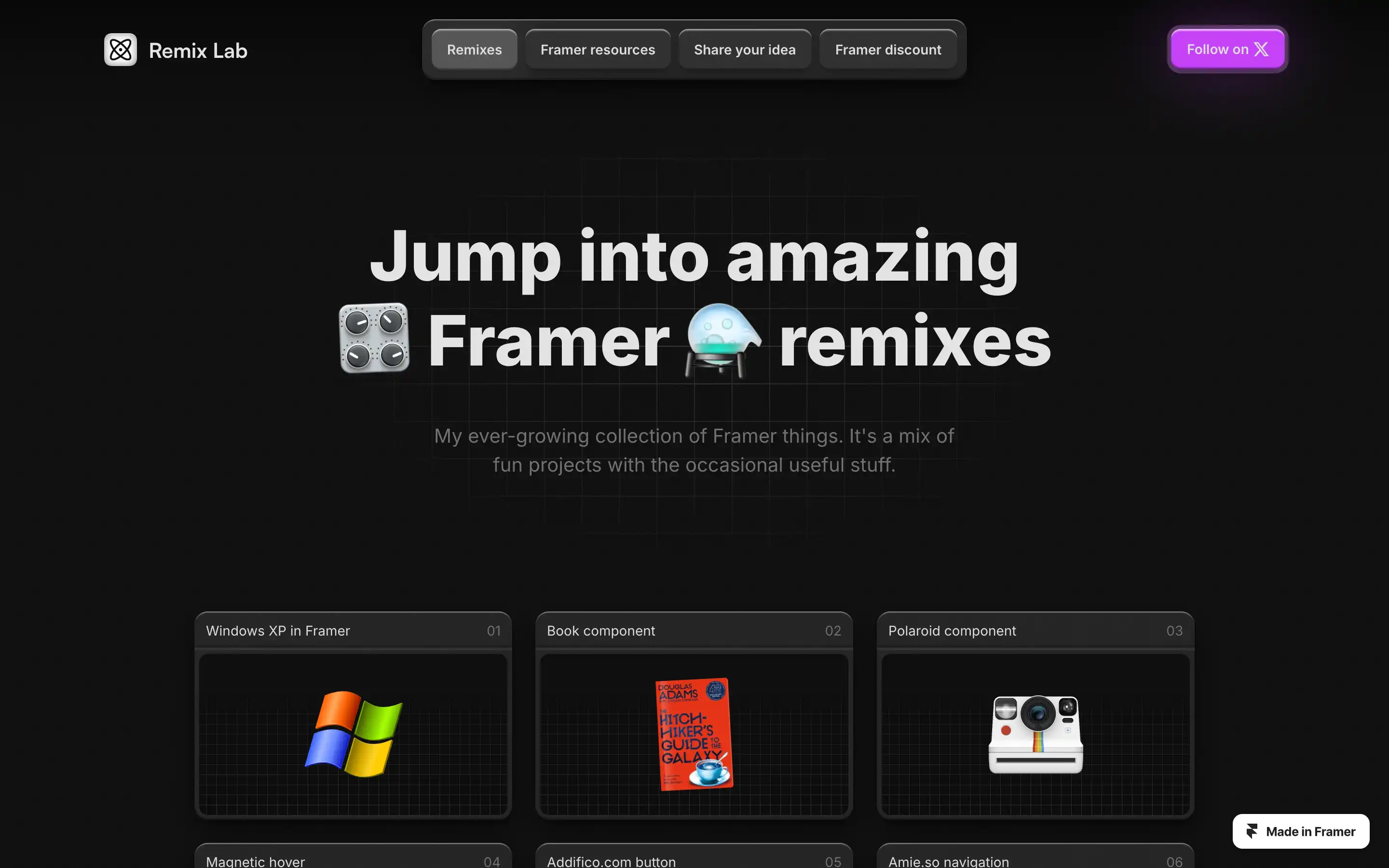 Explore unique Framer remixes and components collection.