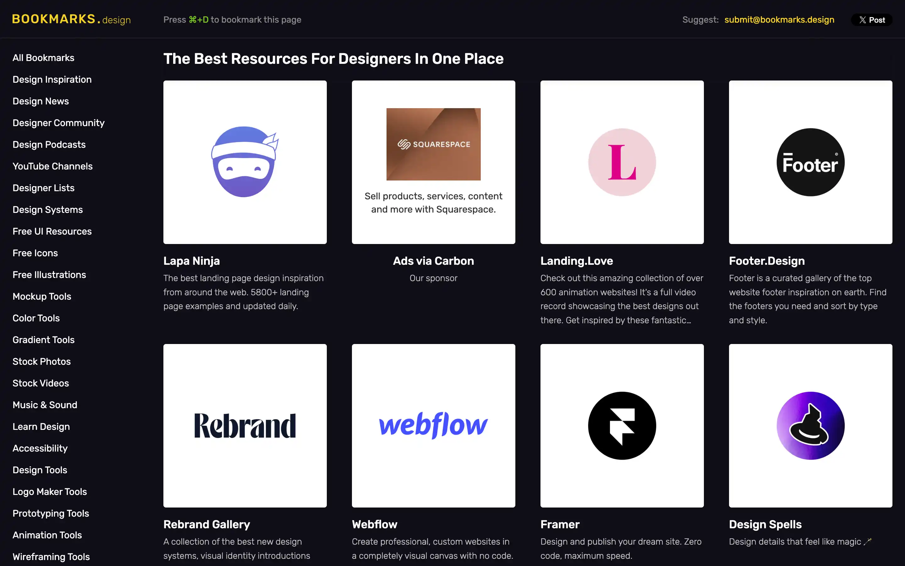 Design resources webpage showcasing various tools and galleries.
