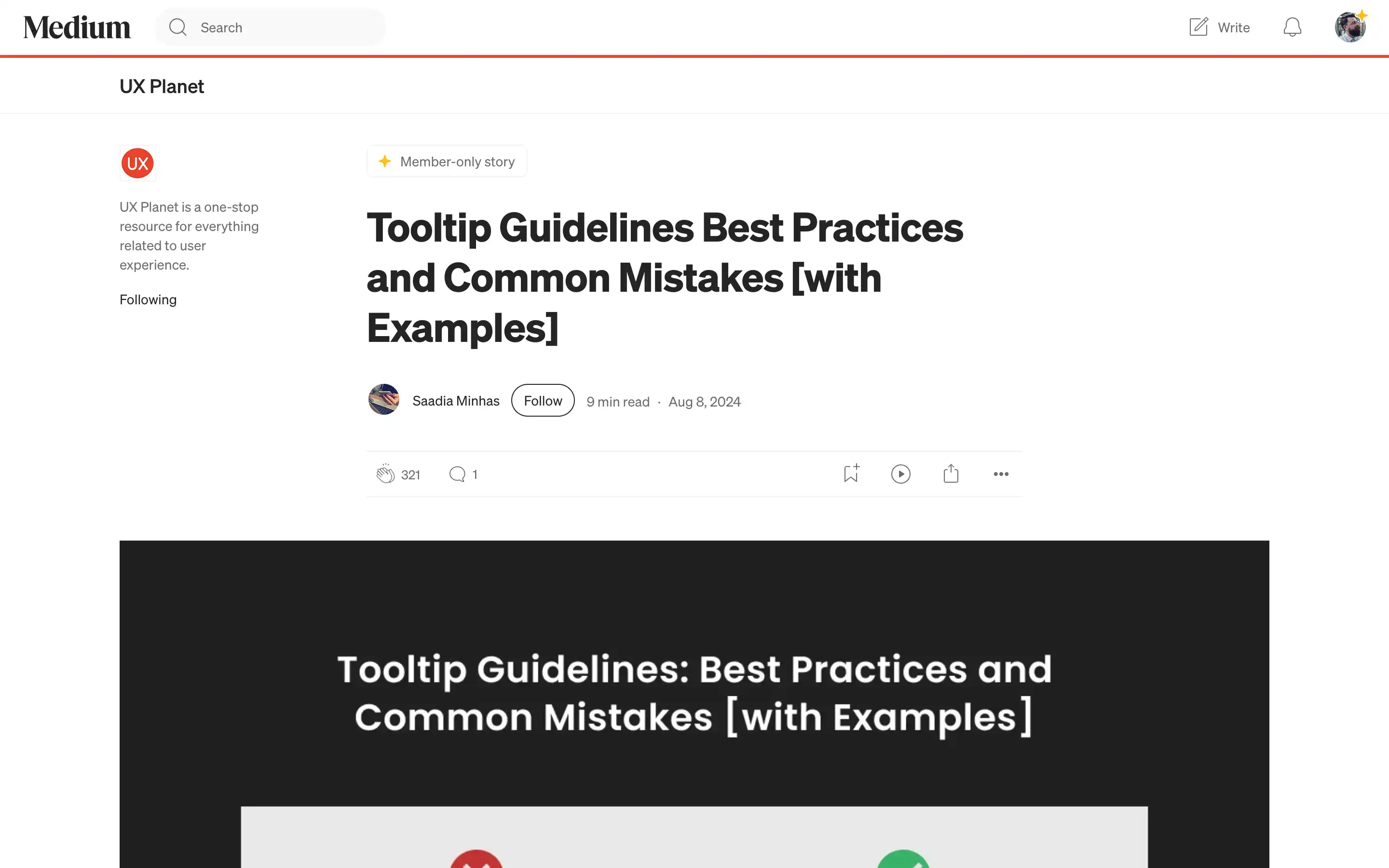 Tooltip guidelines on UX Planet article Medium page