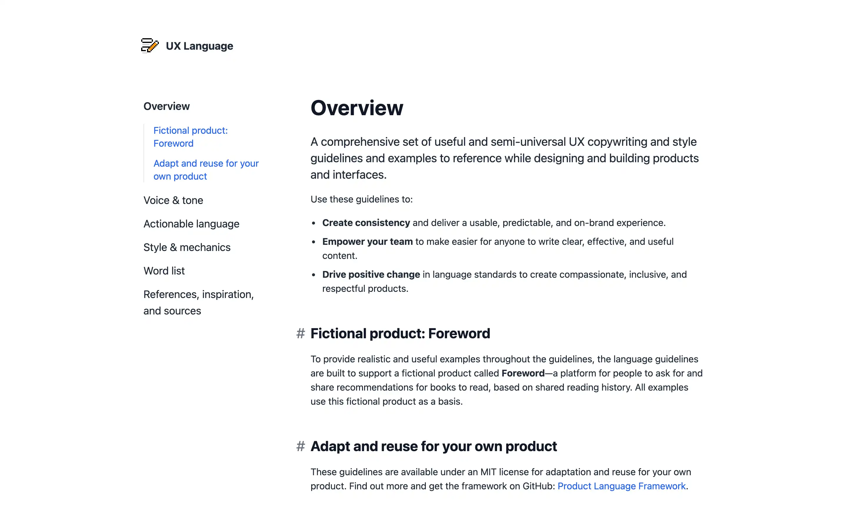 UX language guidelines overview page screenshot.