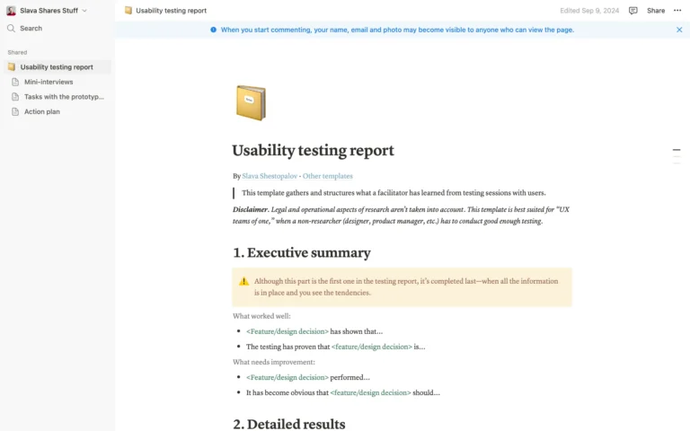 Usability testing report – Notion template