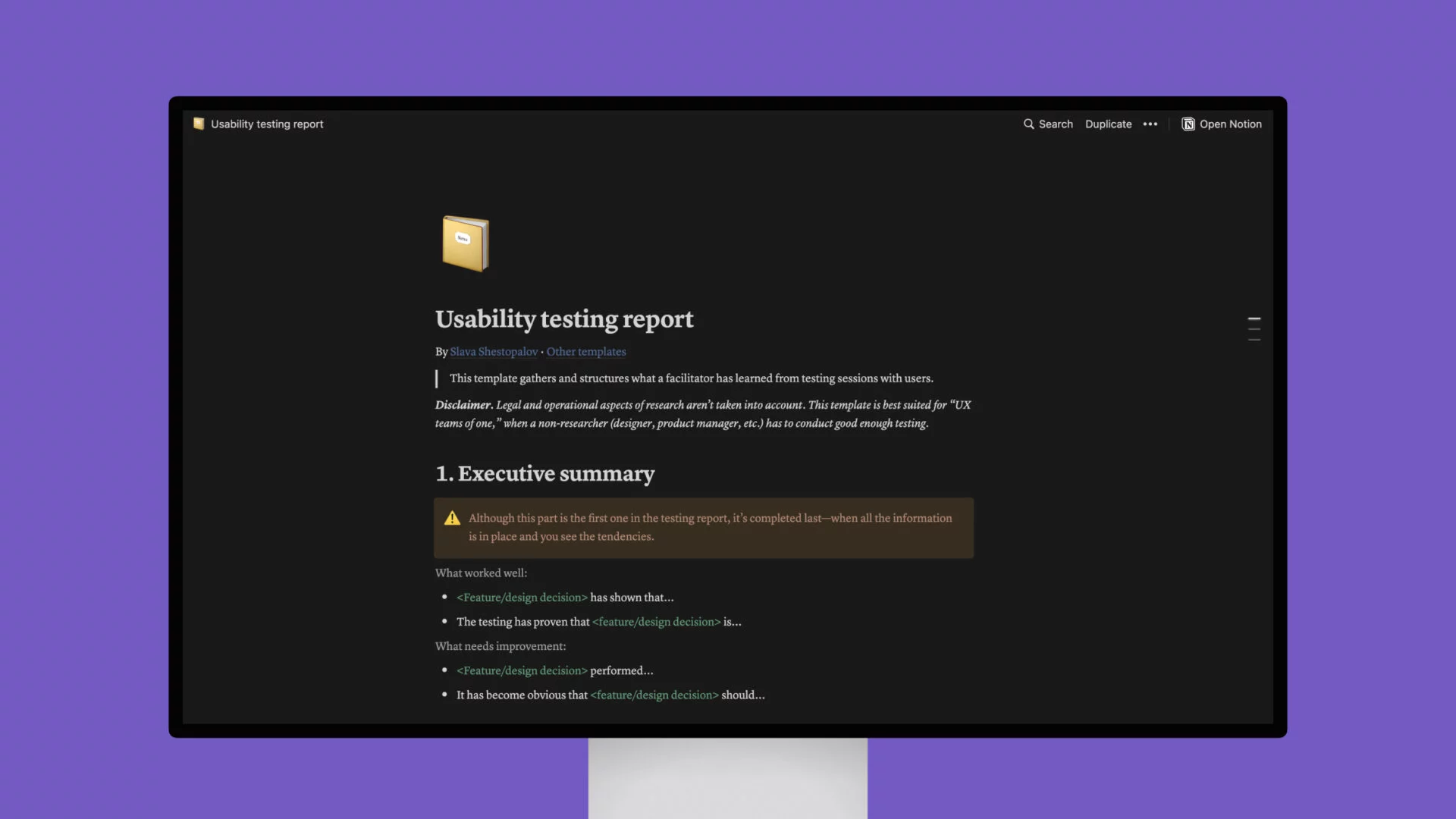 Usability testing report – Notion template