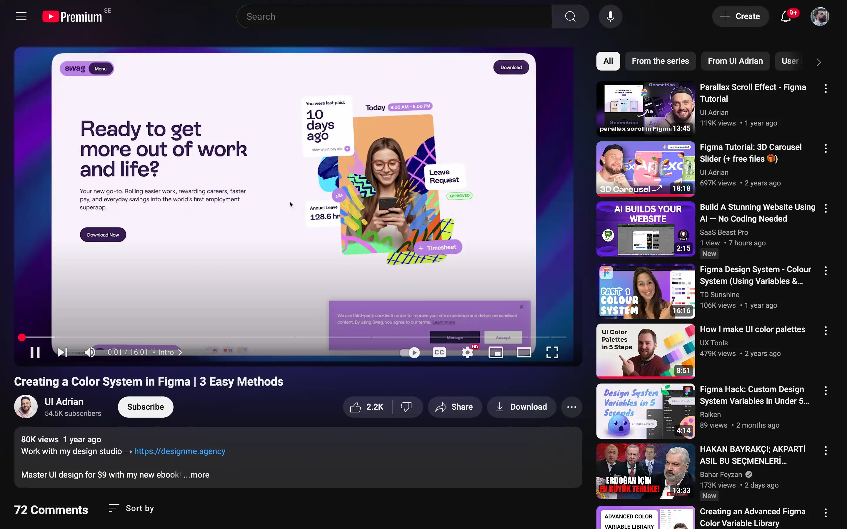 UI design tutorial on YouTube, creating Figma color systems.