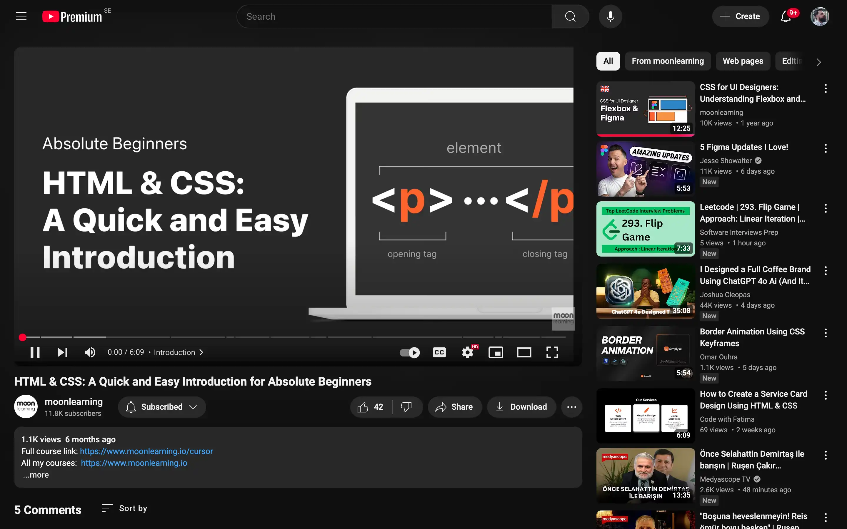 HTML & CSS introduction for beginners on YouTube.