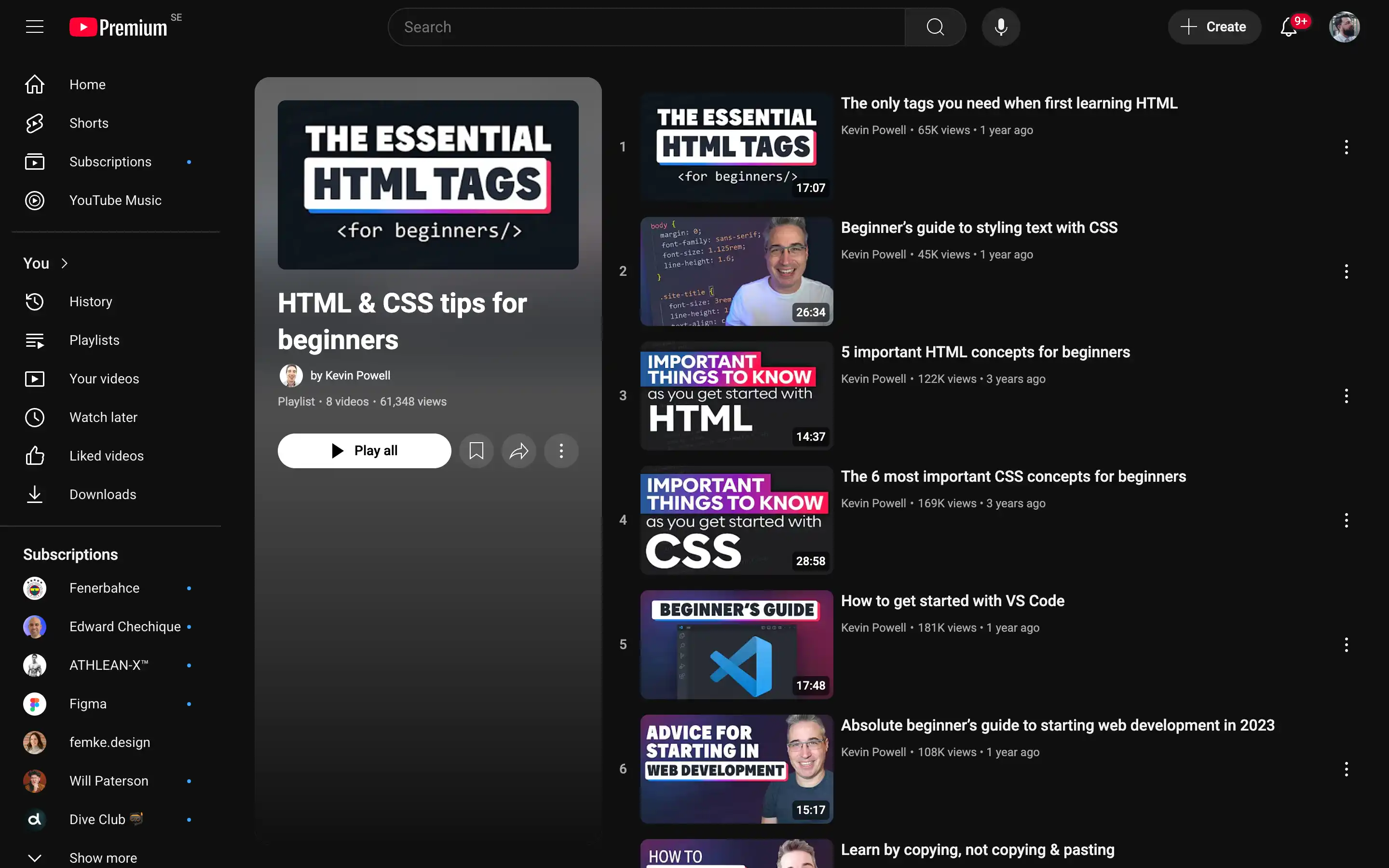 HTML and CSS beginner playlist on YouTube interface.