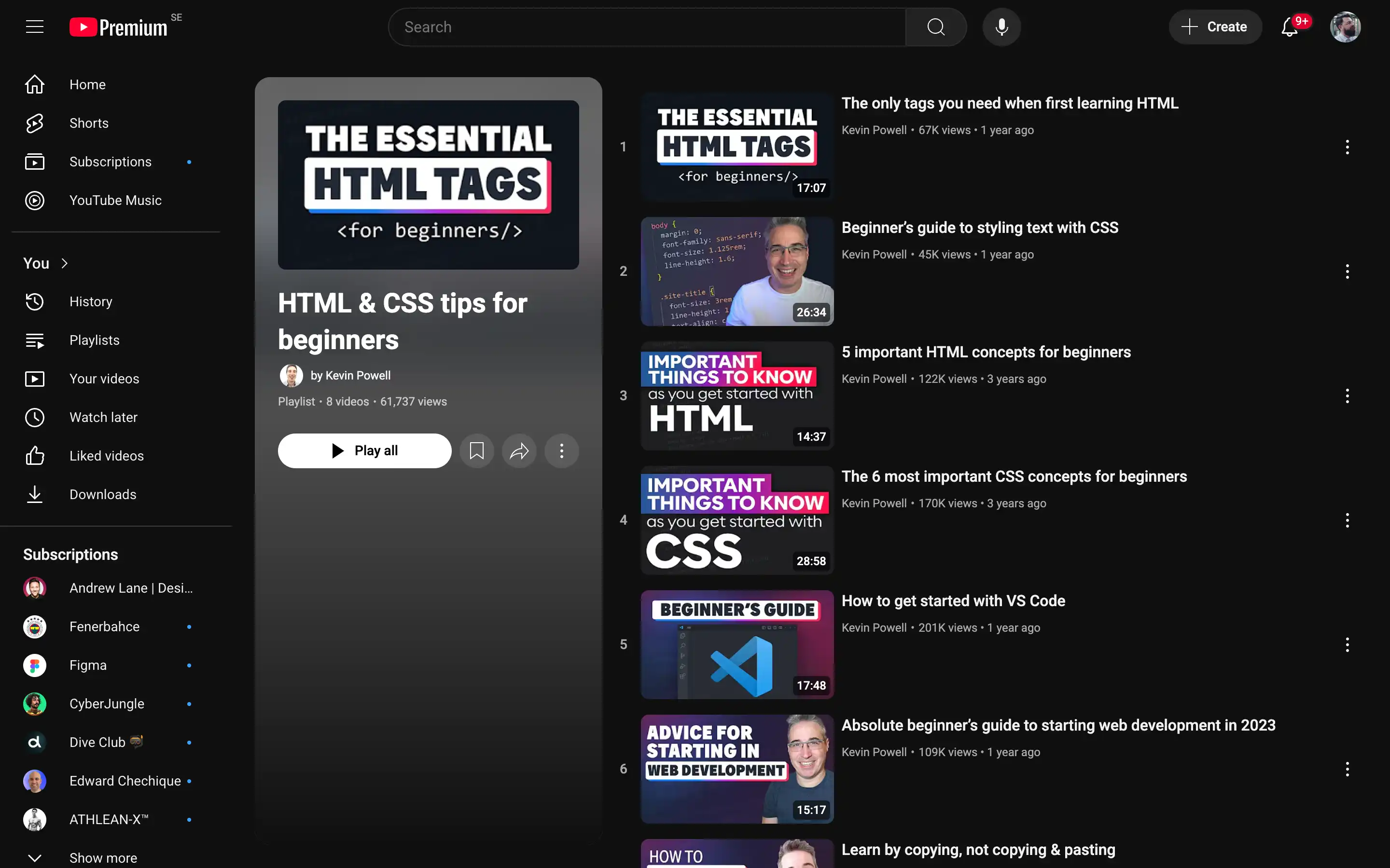 HTML and CSS beginners playlist on YouTube