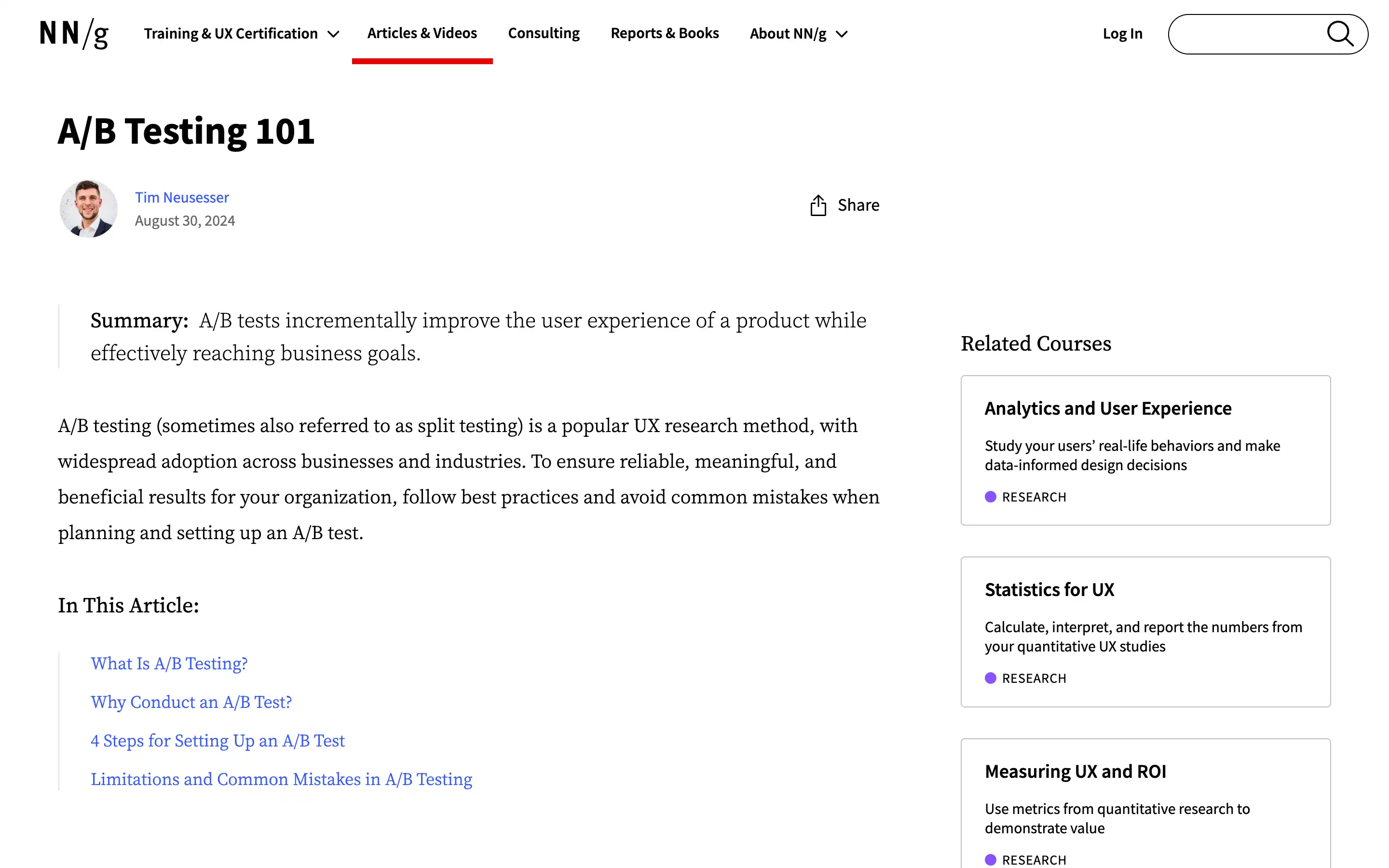 A/B Testing 101 article summary and related courses