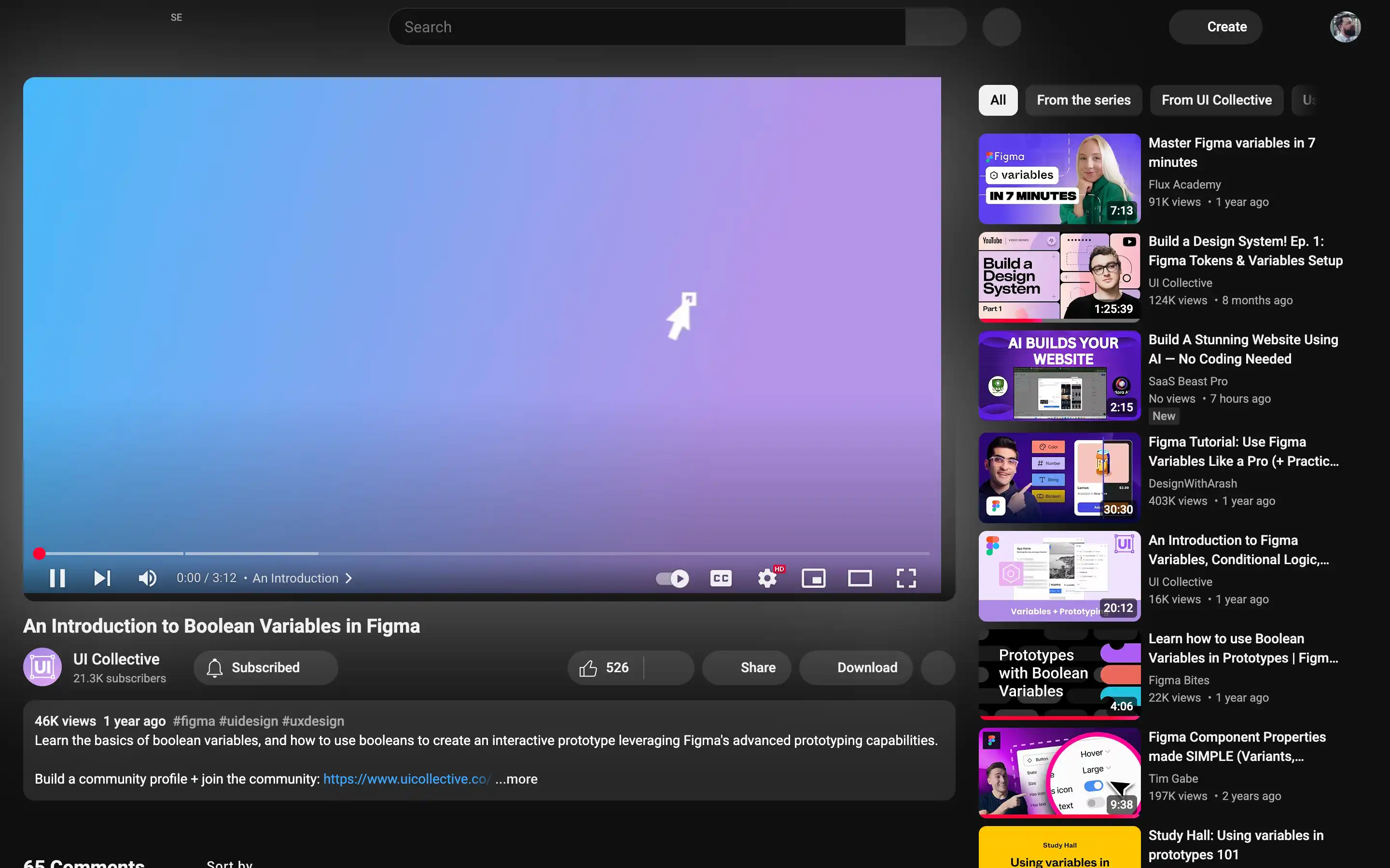 YouTube video on Boolean variables in Figma interface.