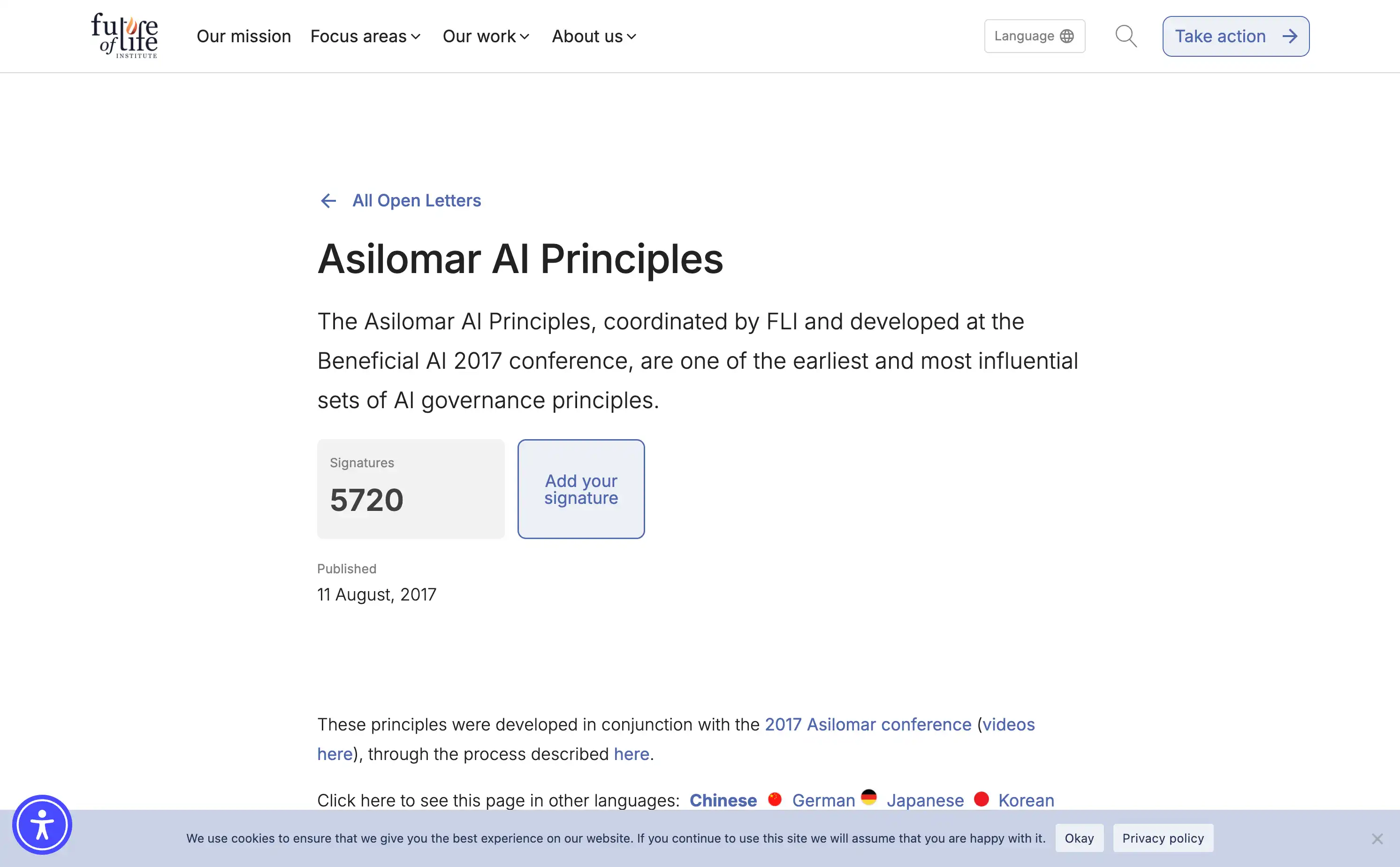 Asilomar AI Principles webpage with signatures count.