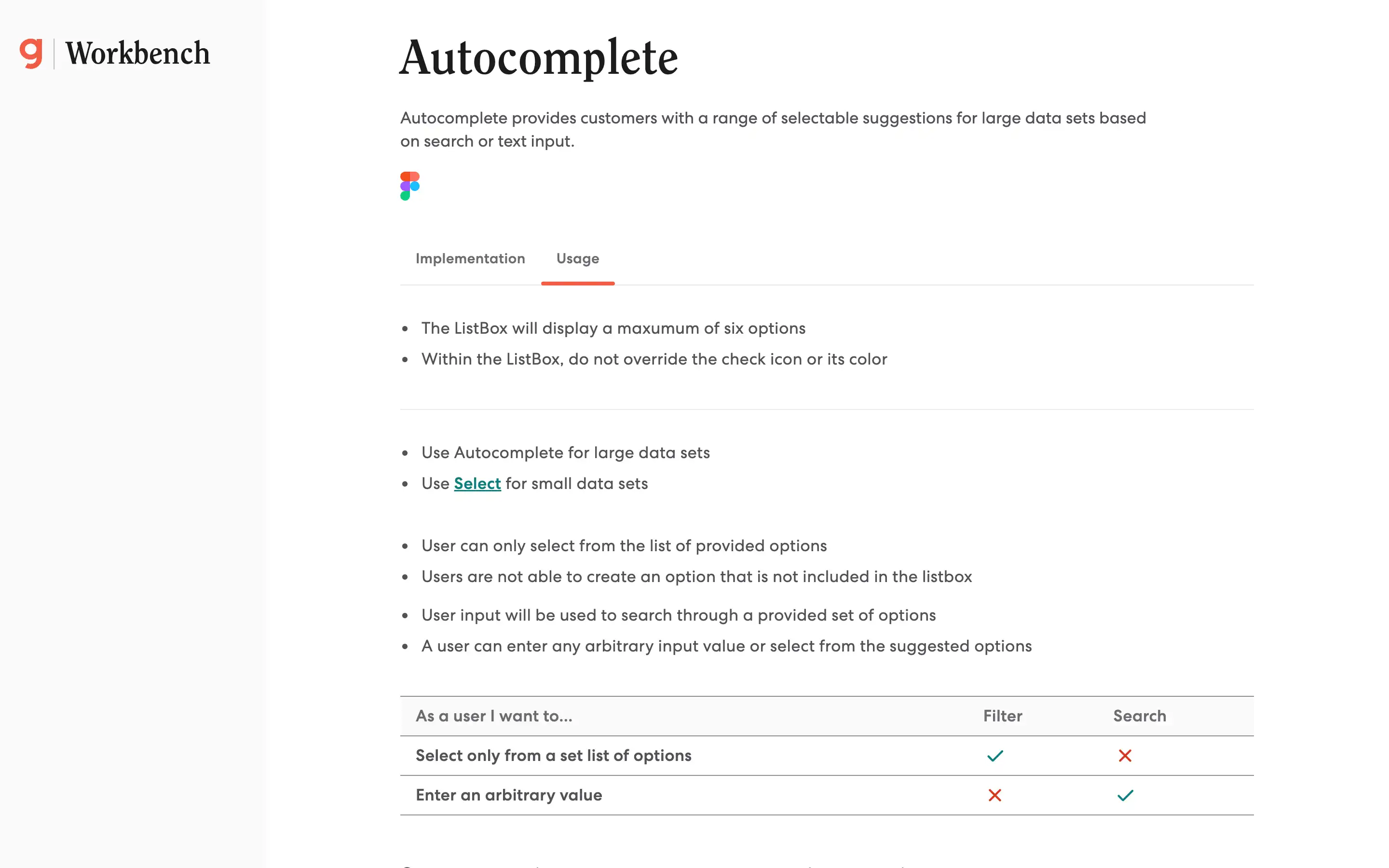 Autocomplete usage guide with list and table instructions.