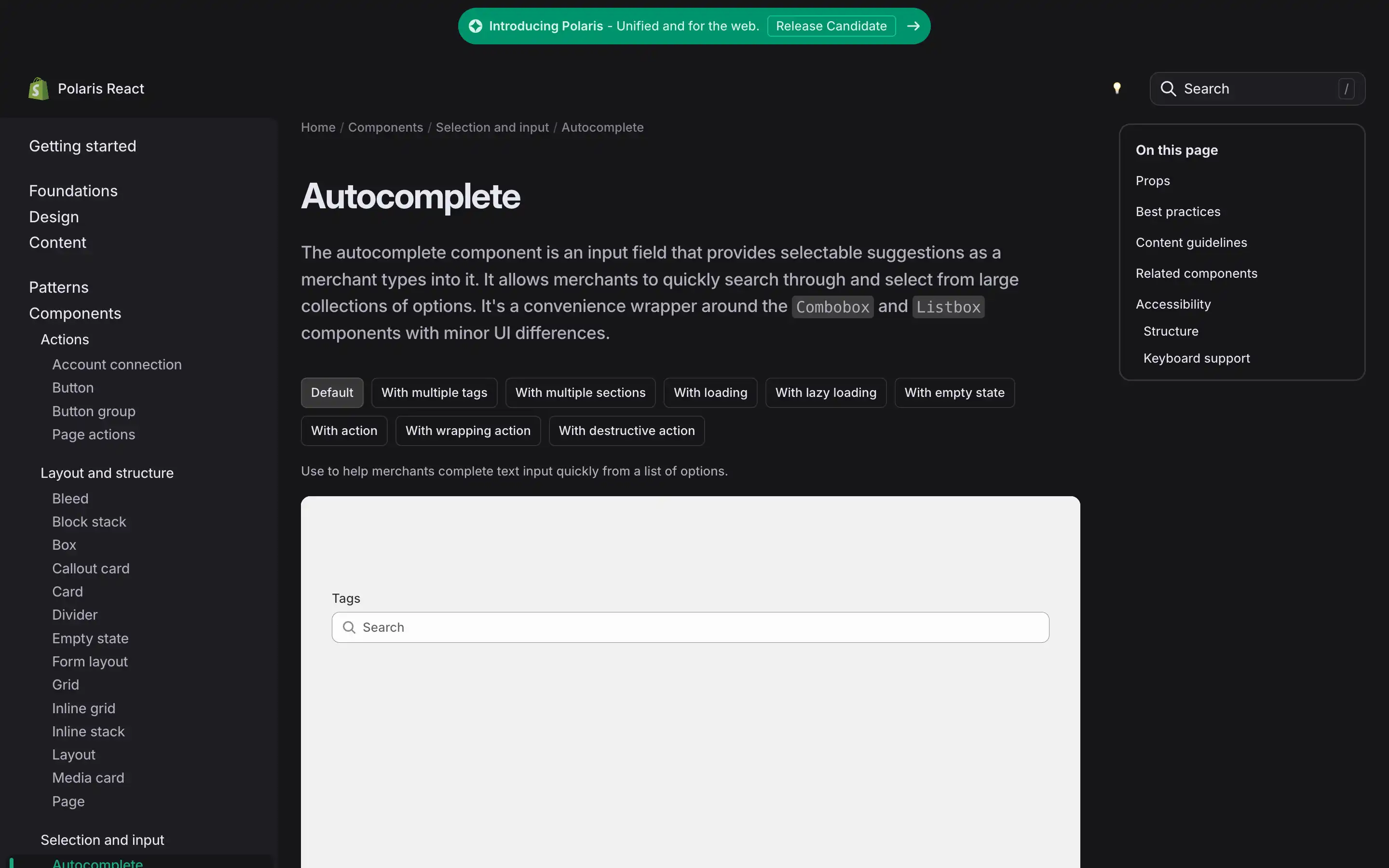 Polaris React autocomplete component interface overview