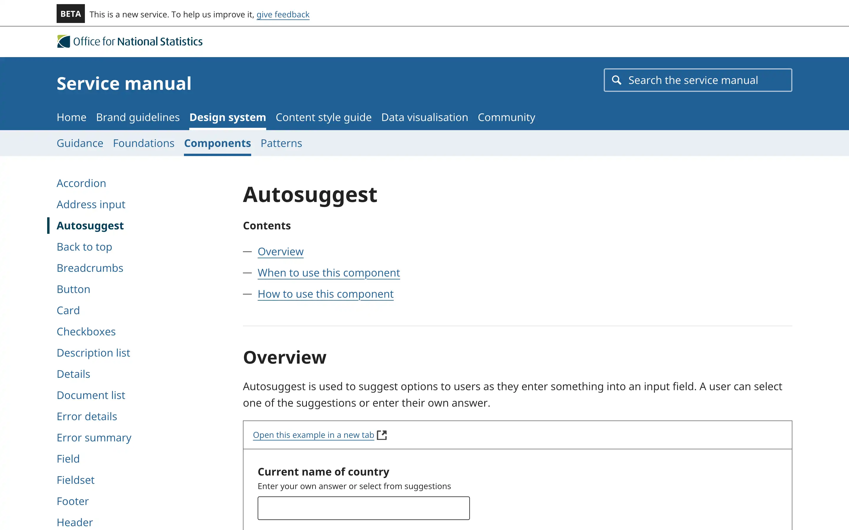 Office for National Statistics autosuggest feature guide