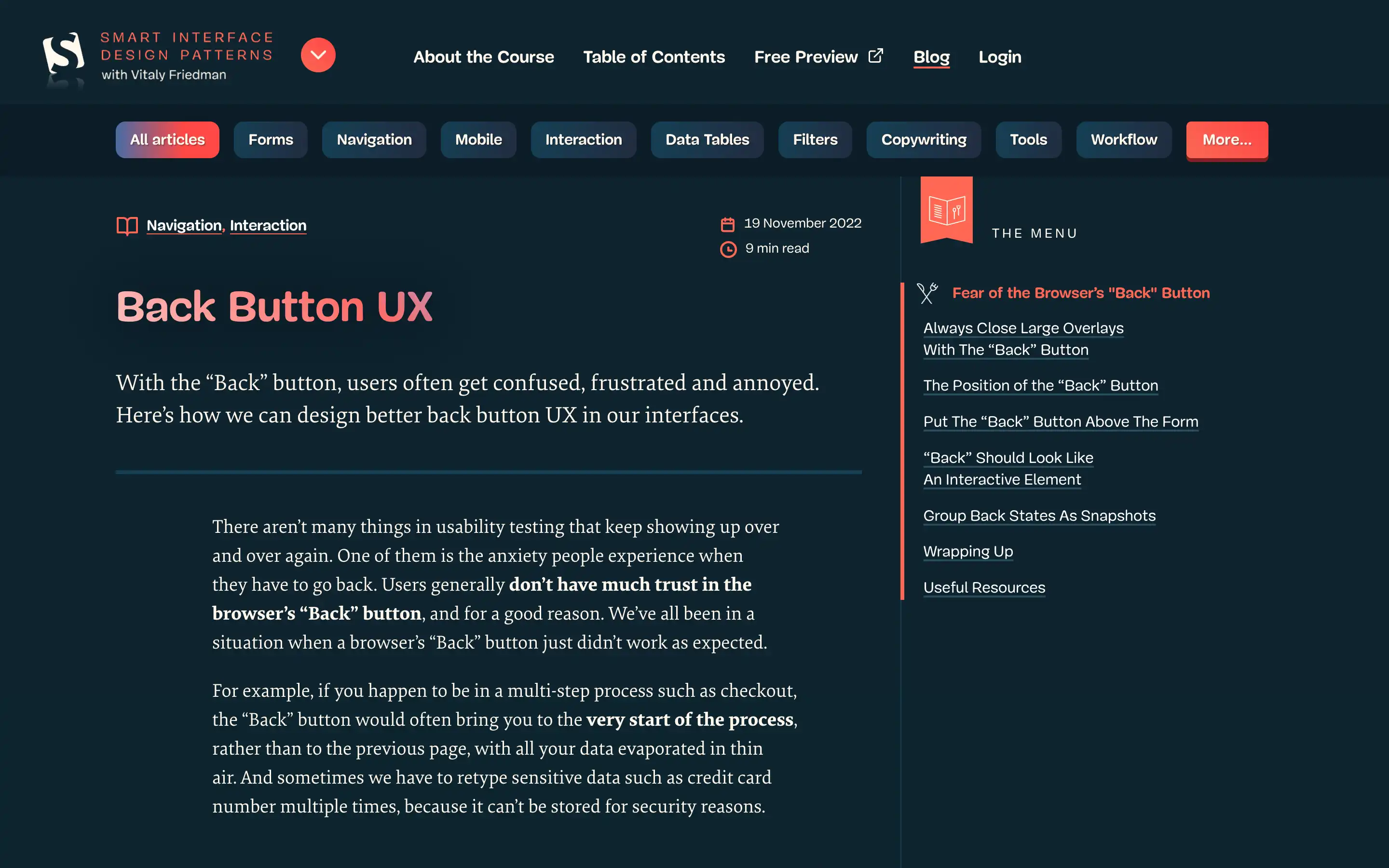 Back button UX design insights article interface.