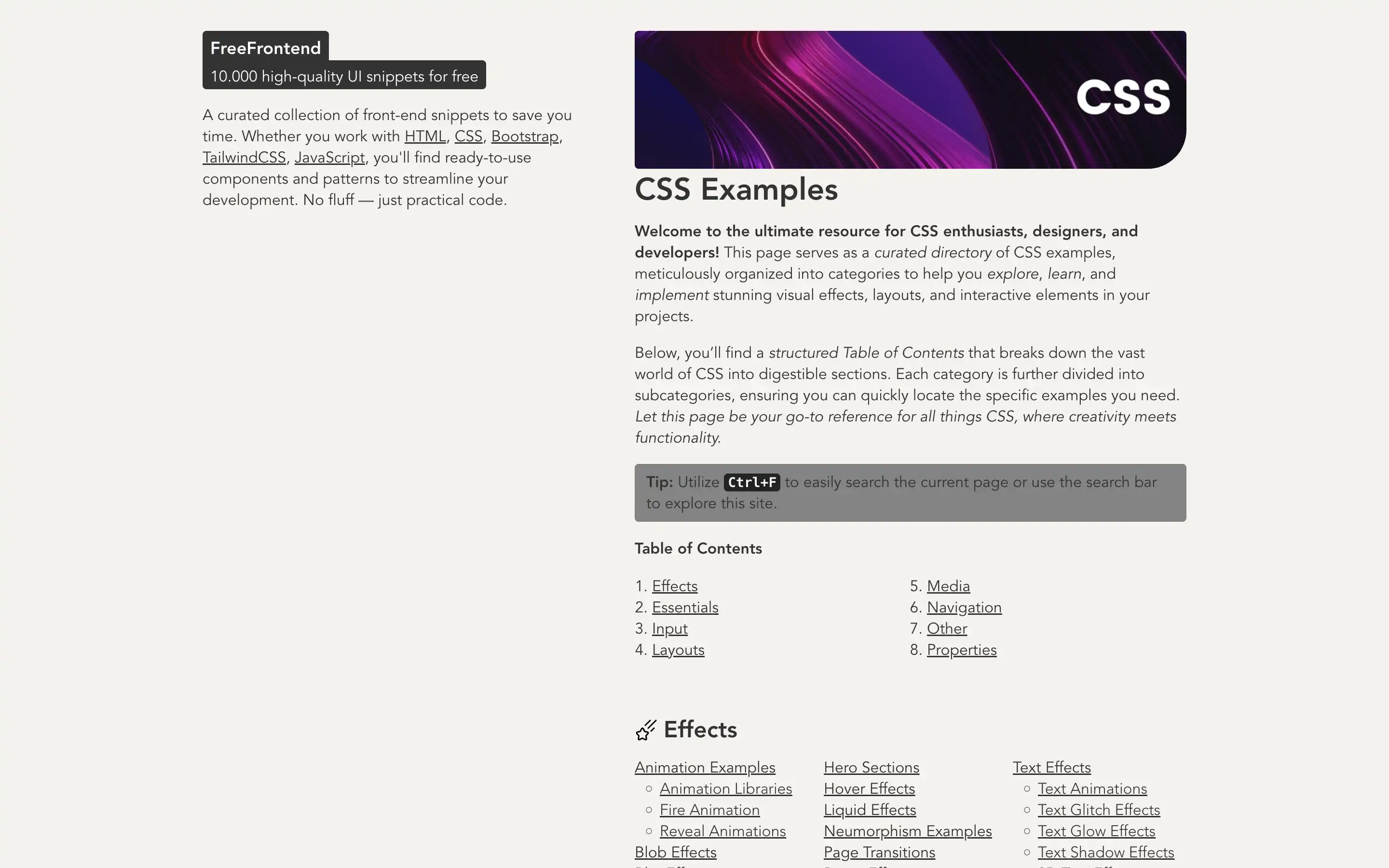 CSS snippets resource page for developers.