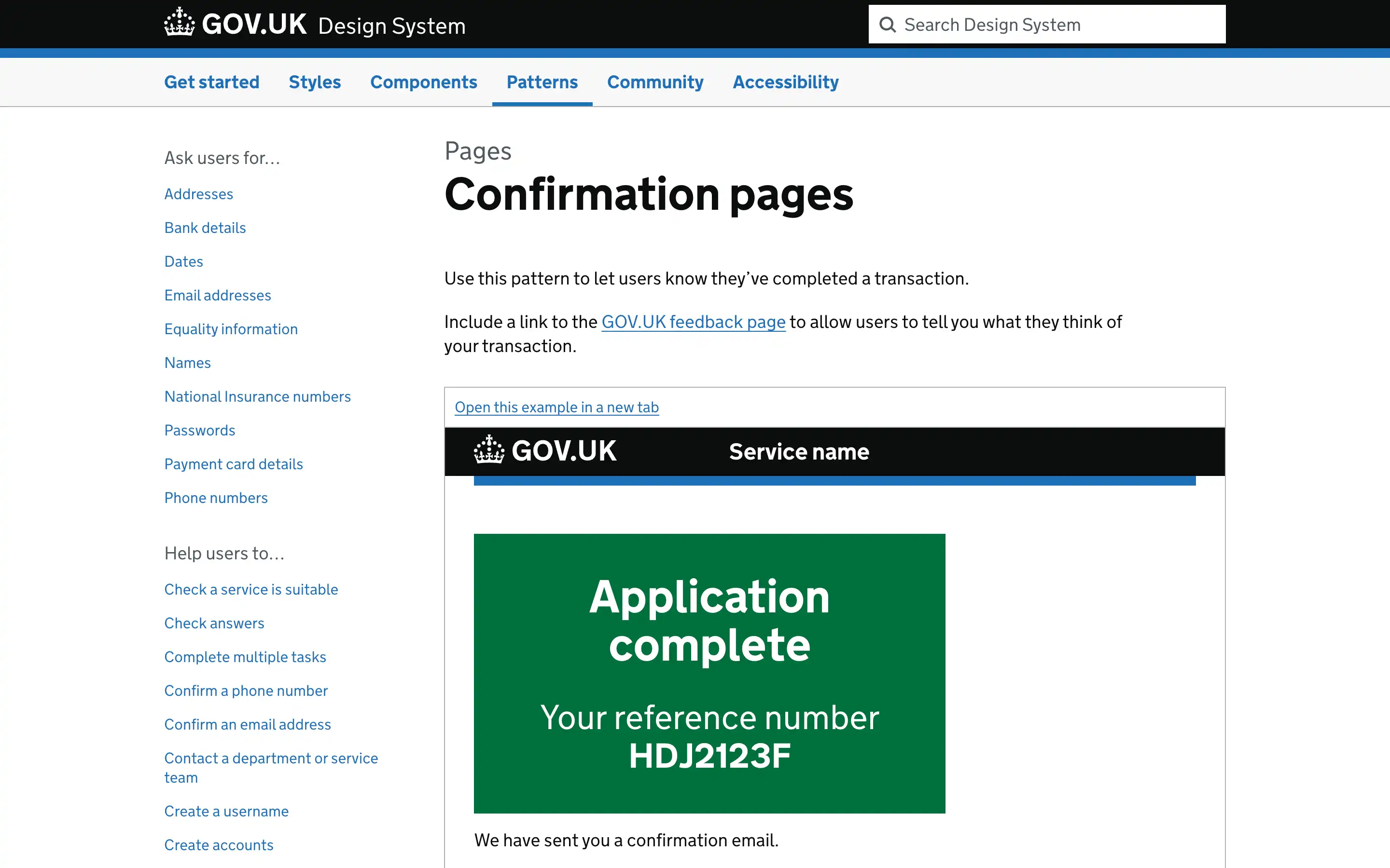 GOV.UK confirmation page example.