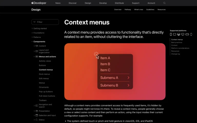 Apple Developer Documentation – Context menus