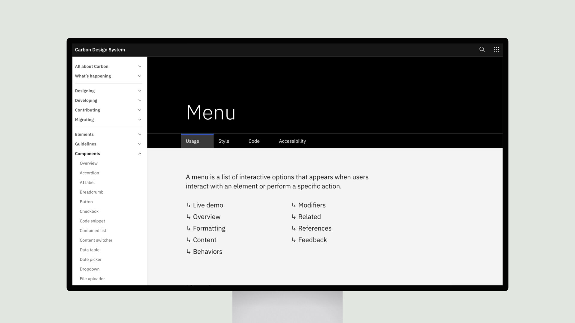 Corbon Design System – Menu