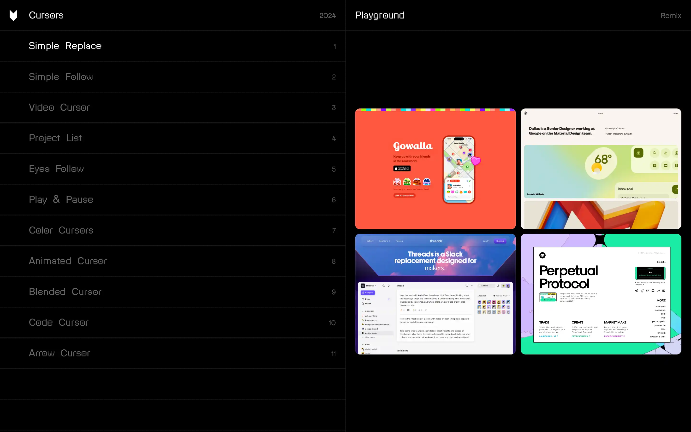 Web design interface with project previews.