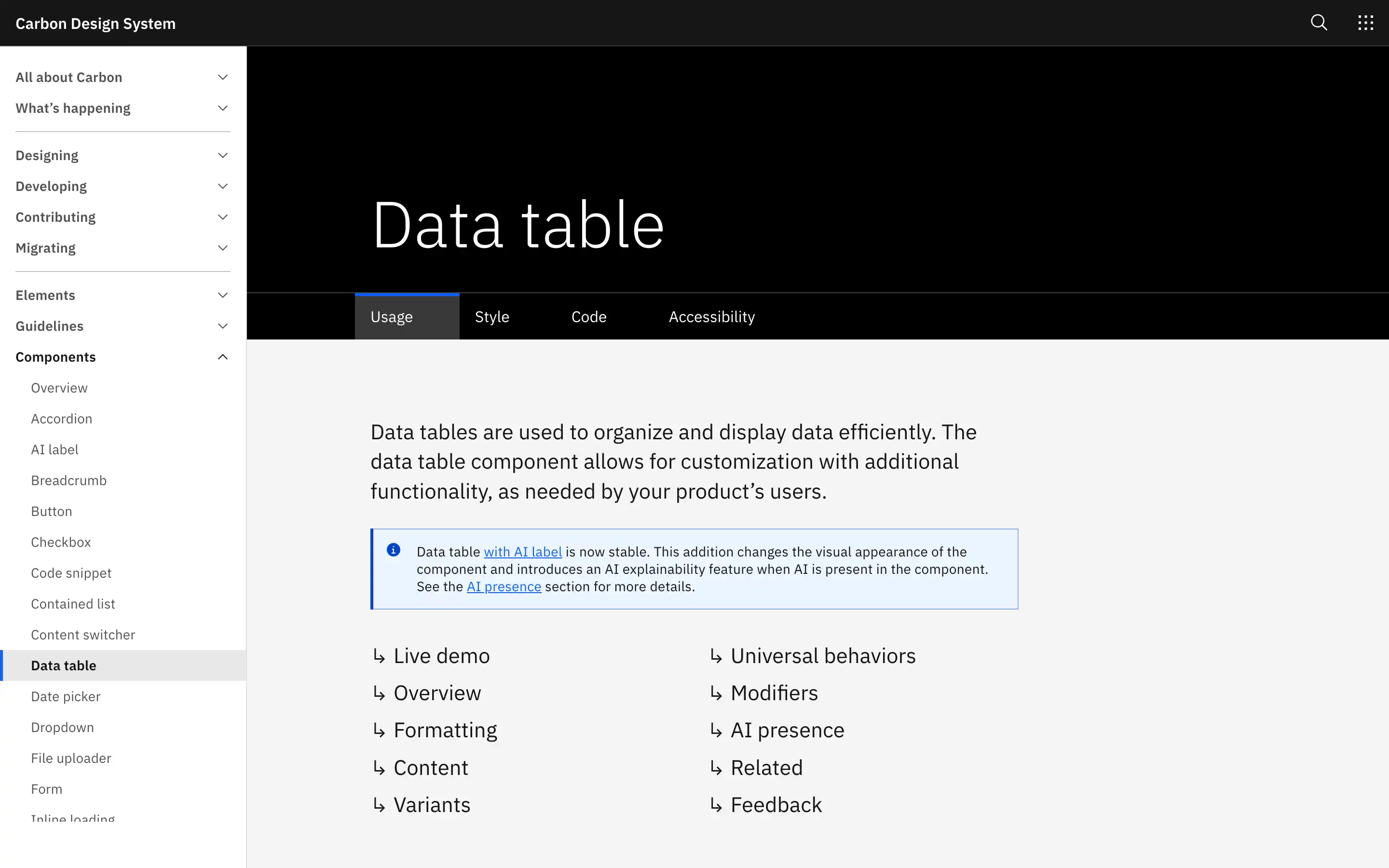 Carbon Design System data table interface overview.