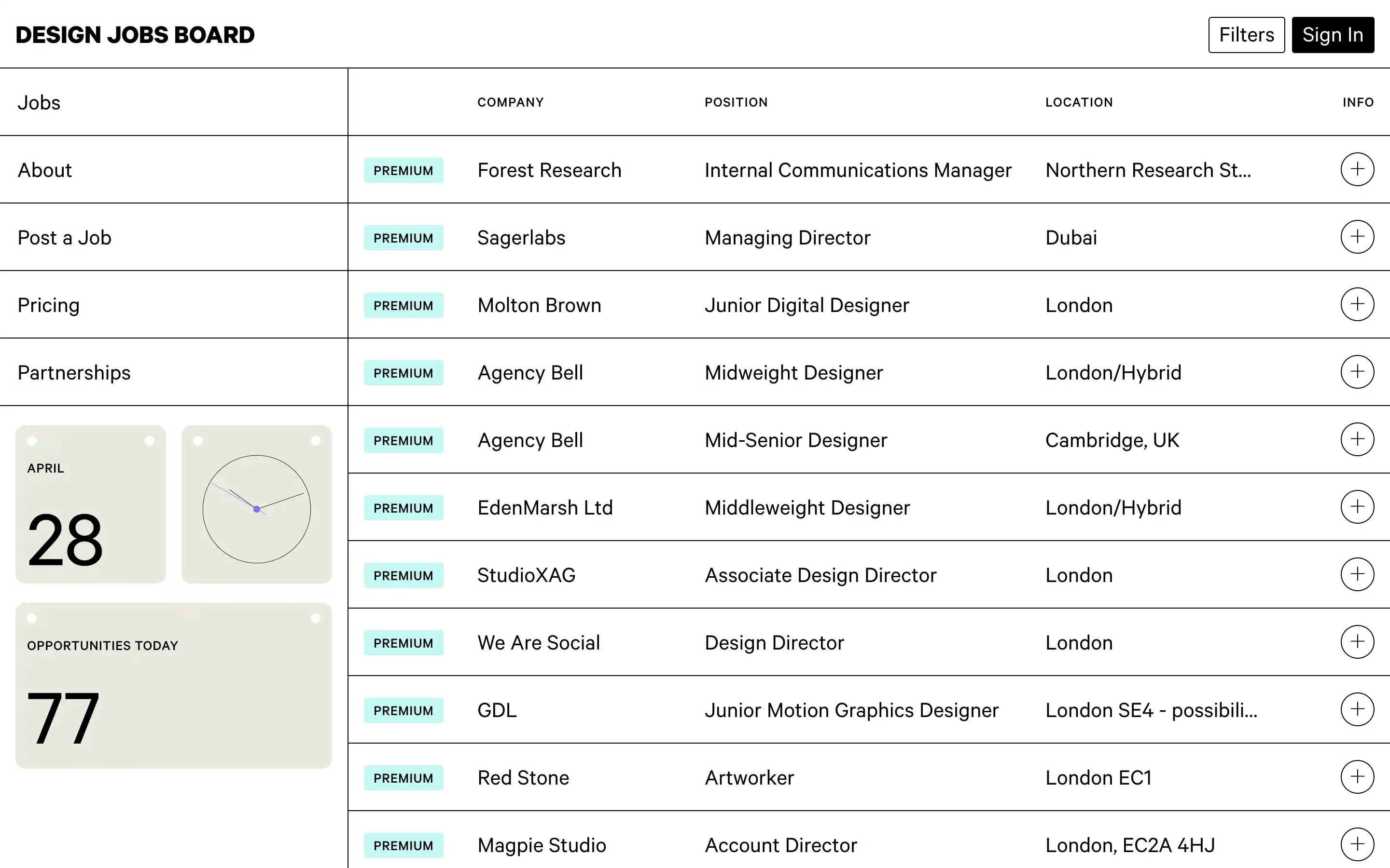 Design jobs board with company listings and details.